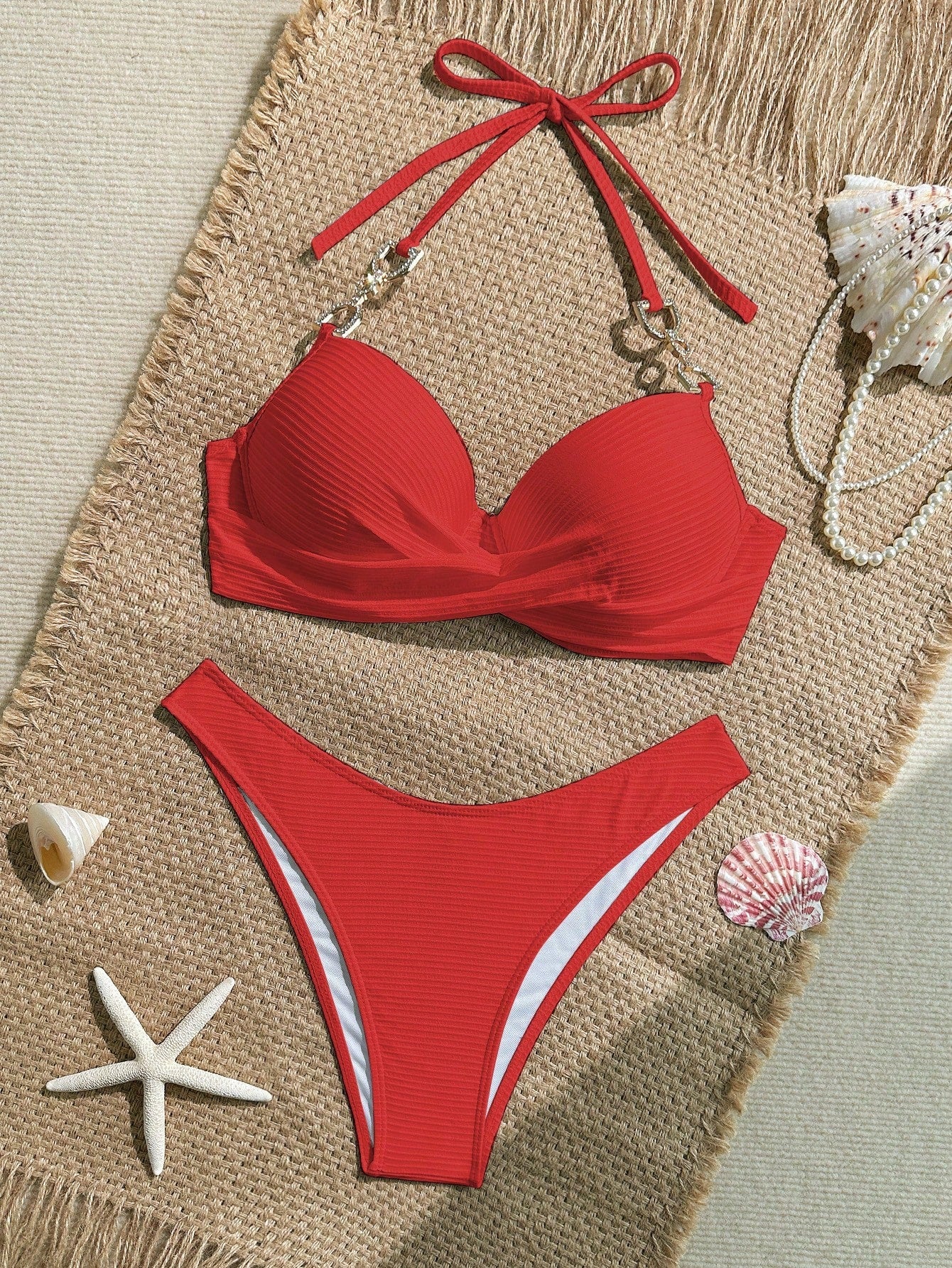 Swim Lushoire 2 Peças Conjunto de Maiô Bikini com Top em Tecido Canelado com Alça de Apoio e Sunga Regular de Estilo de Férias