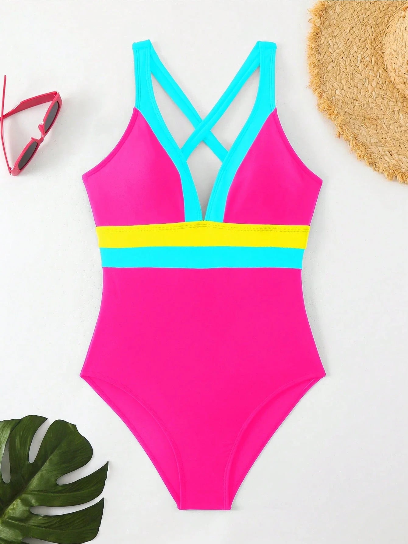 Maiô Sexy de Moda Feminino de Cor Contrastante, Alça Alta, Maiô de Peça Única