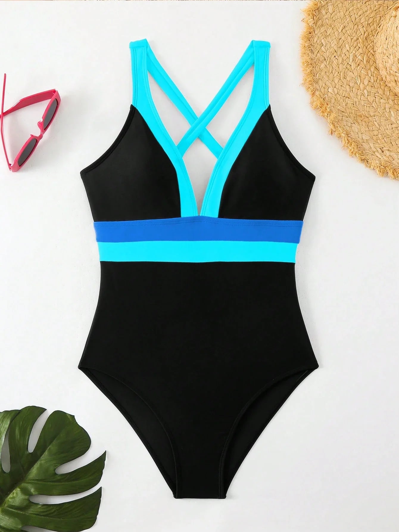 Maiô Sexy de Moda Feminino de Cor Contrastante, Alça Alta, Maiô de Peça Única