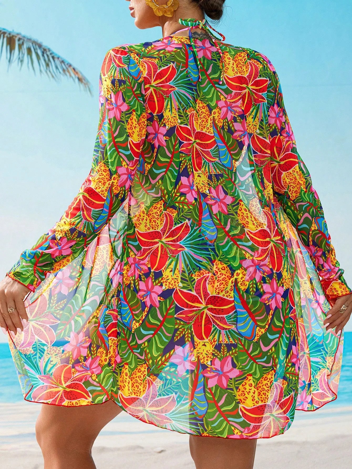 Swim Vcay Conjunto de biquíni malha impressão floral triângulo sutiã top & lado do laço bottom biquini & quimonos roupa de banho 3 peças
