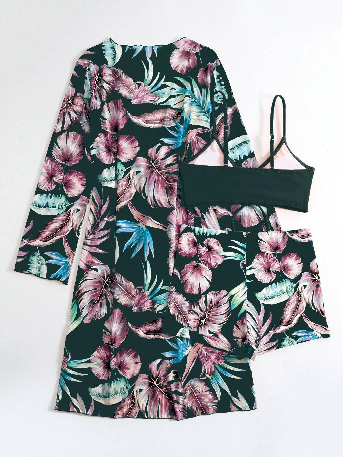 SHEIN Swim Conjunto de Maiô Bikini com alças finas e estampa contrastante de praia tropical de verão e quimono com estampa tropical