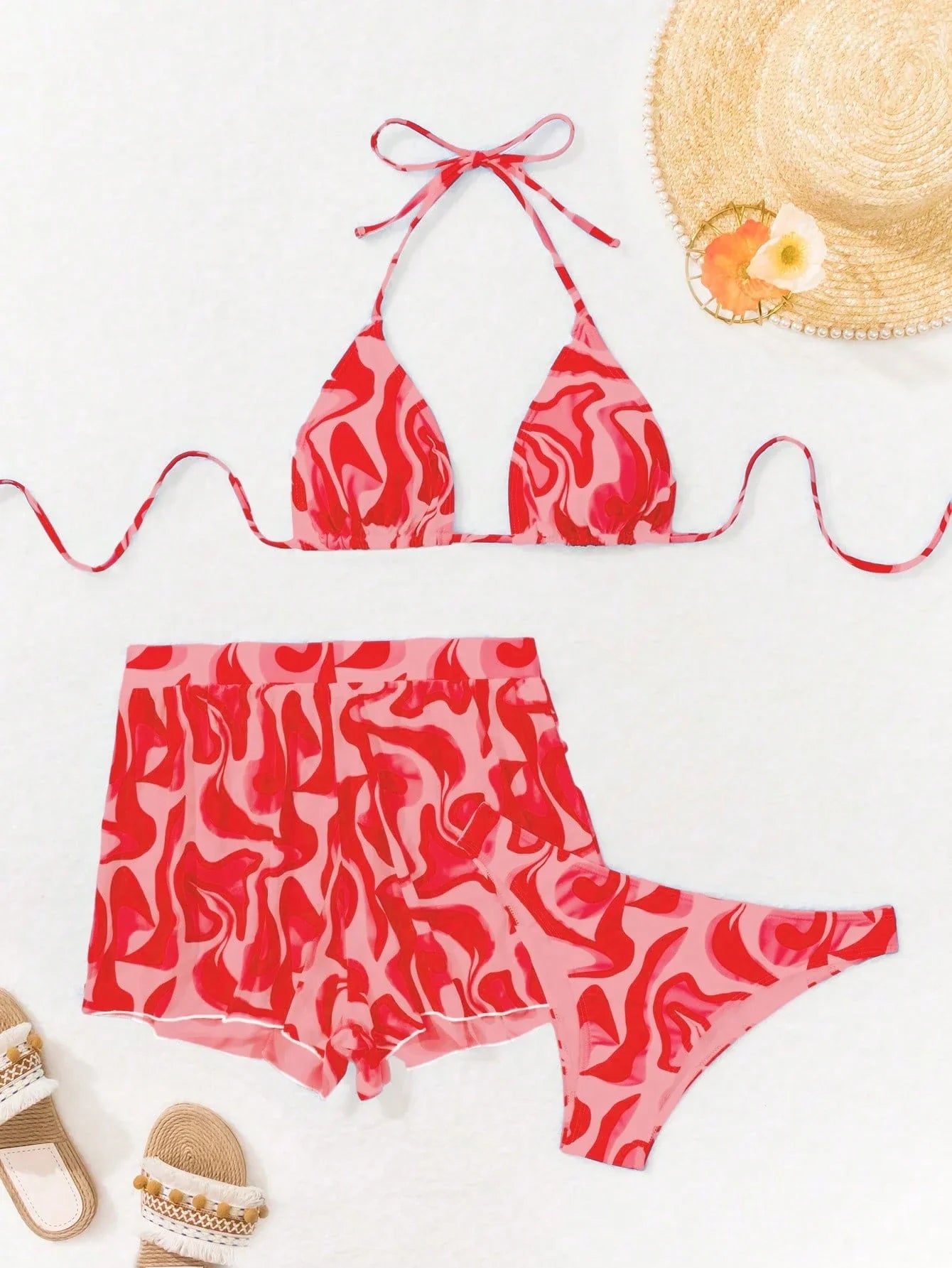 Swim Vcay 3 peças/Conjunto Maiô Bikini Impresso Aleatório para Praia/Férias
