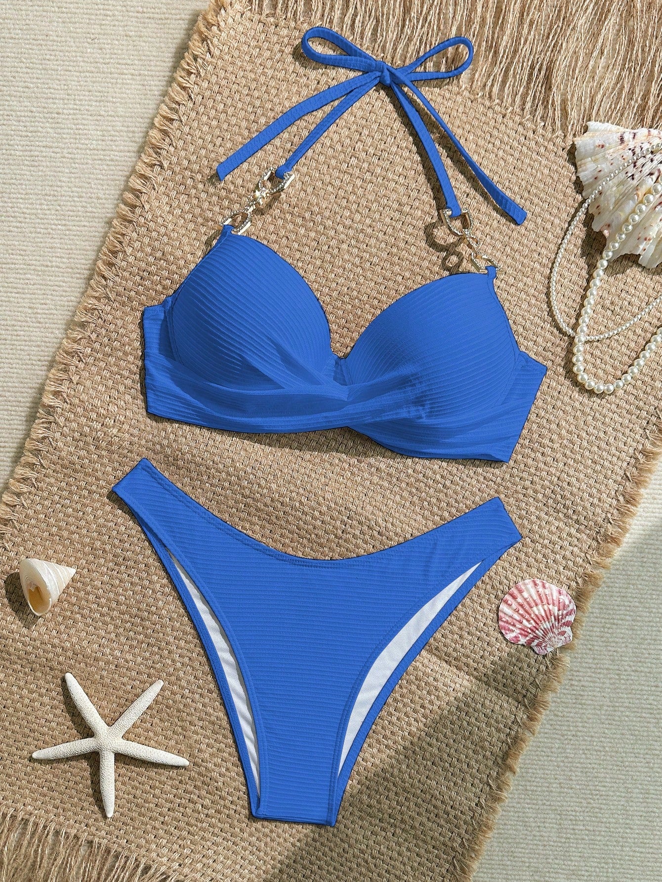 Swim Lushoire 2 Peças Conjunto de Maiô Bikini com Top em Tecido Canelado com Alça de Apoio e Sunga Regular de Estilo de Férias
