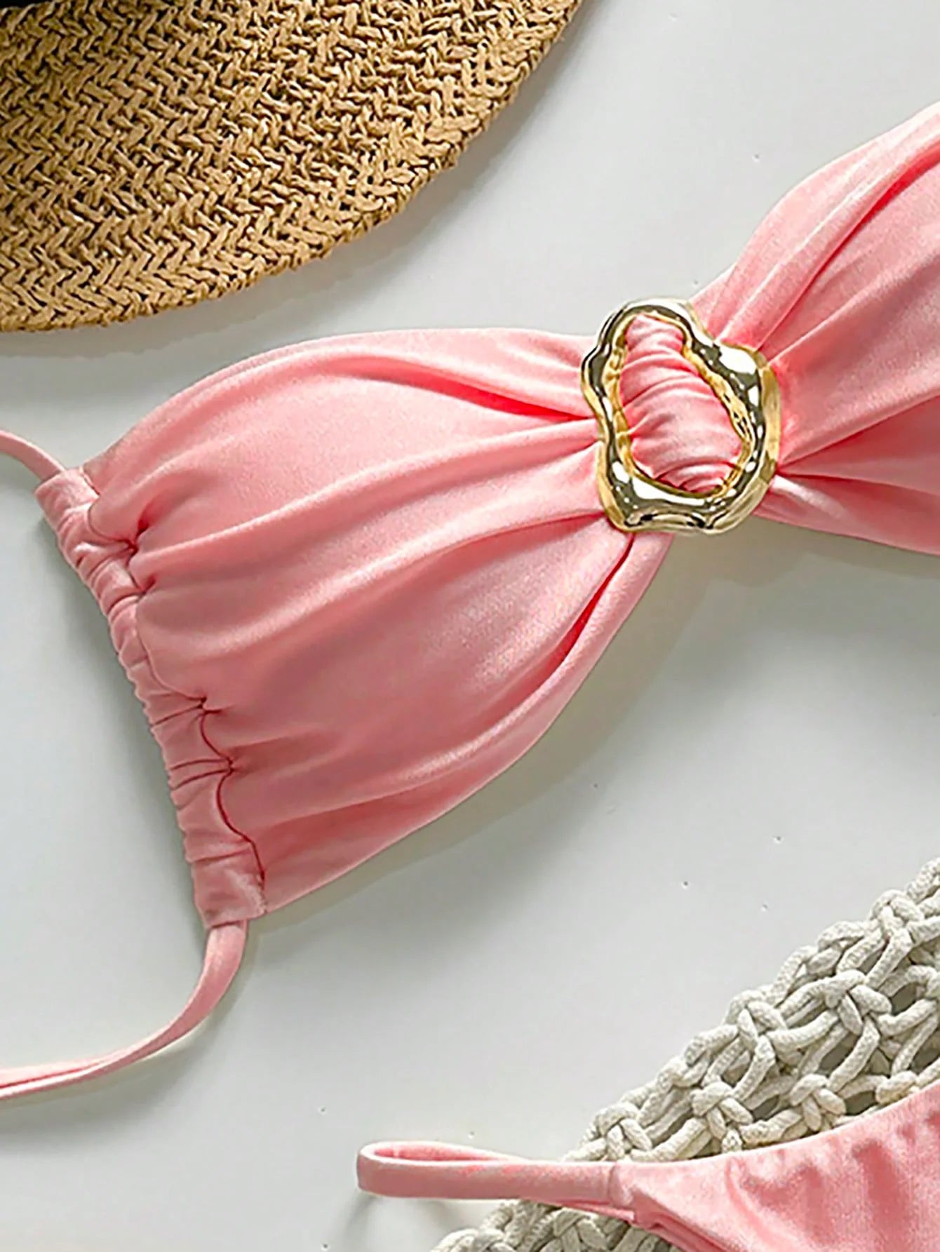 SHEIN Swim Conjunto de Maiô Bikini Feminino Strapless de Verão Solid Color com Amarração e Decoração Metálica, Sexy