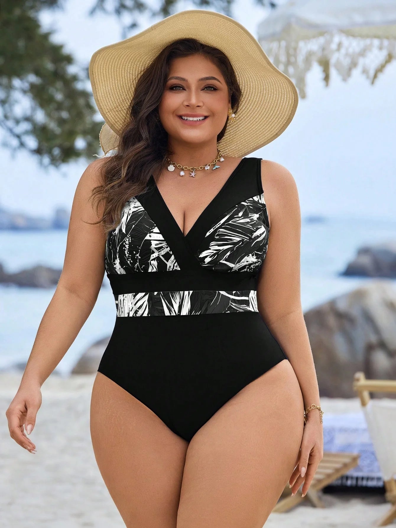 Swim Lushoire Maiô Plus Size com Estampa de Praia e Colorblock