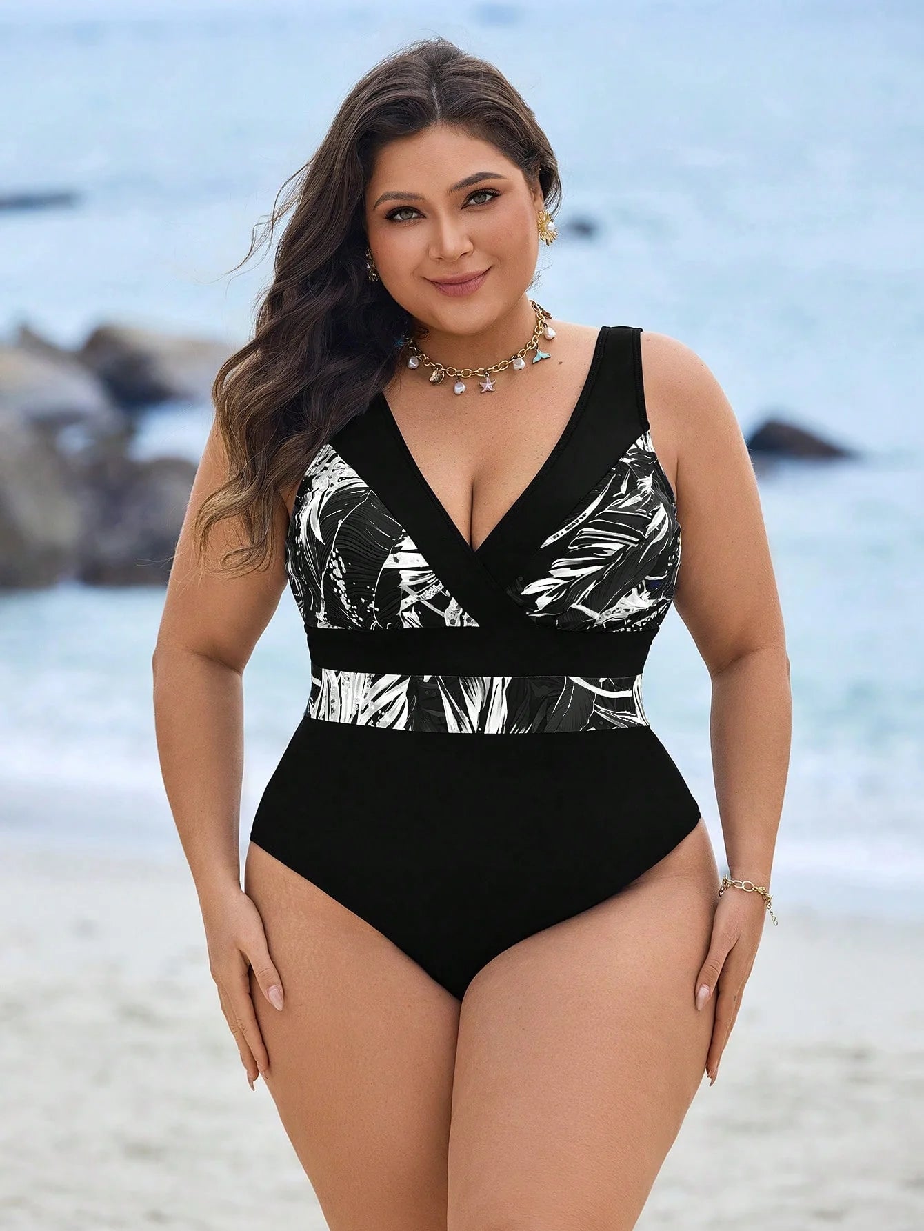 Swim Lushoire Maiô Plus Size com Estampa de Praia e Colorblock