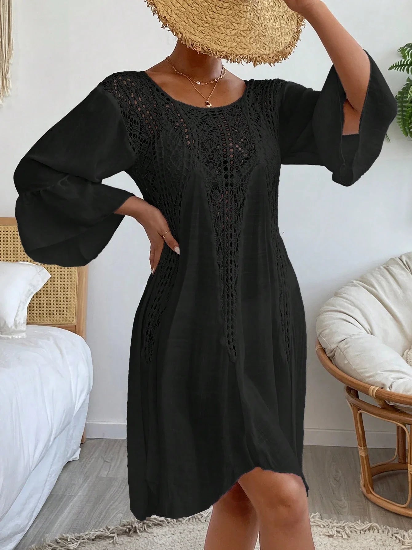 Swim Vcay Crochê Contraste Manga De Encampanada Vestido De Cobertura