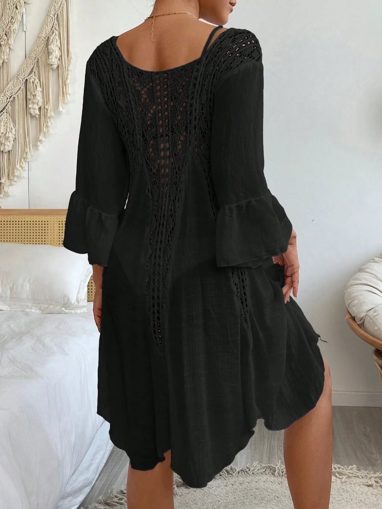Swim Vcay Crochê Contraste Manga De Encampanada Vestido De Cobertura