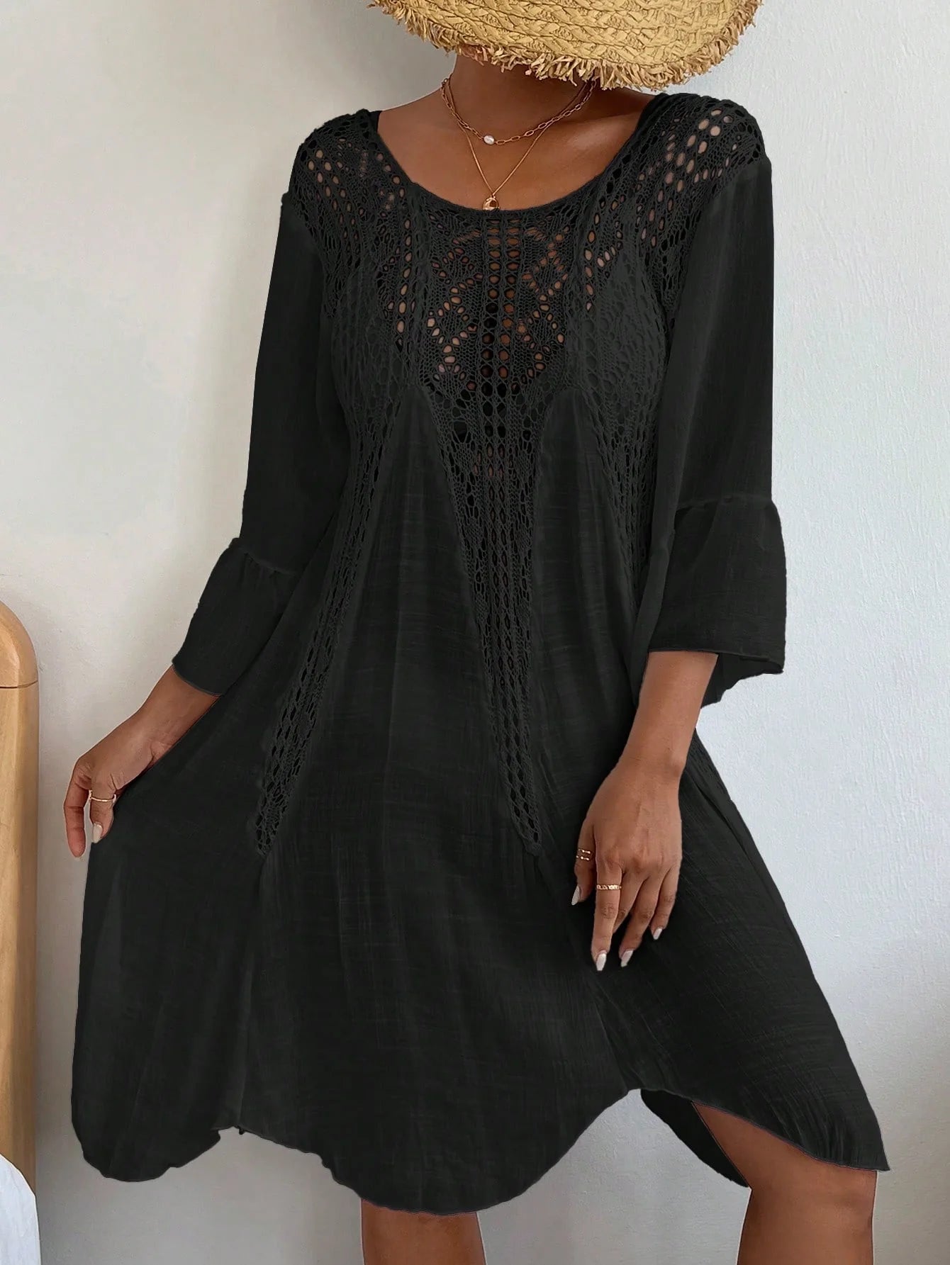 Swim Vcay Crochê Contraste Manga De Encampanada Vestido De Cobertura