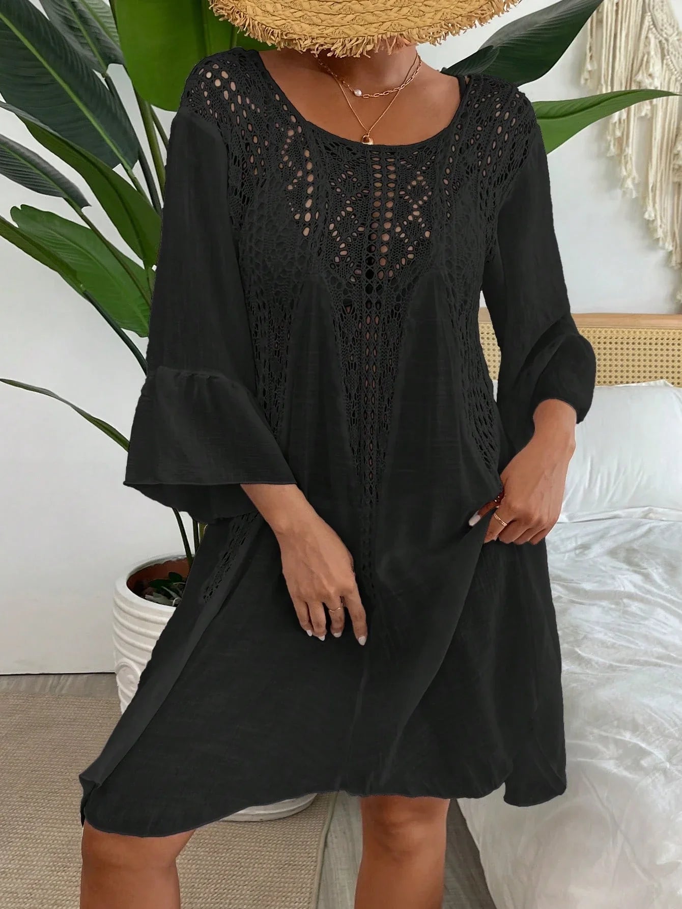 Swim Vcay Crochê Contraste Manga De Encampanada Vestido De Cobertura