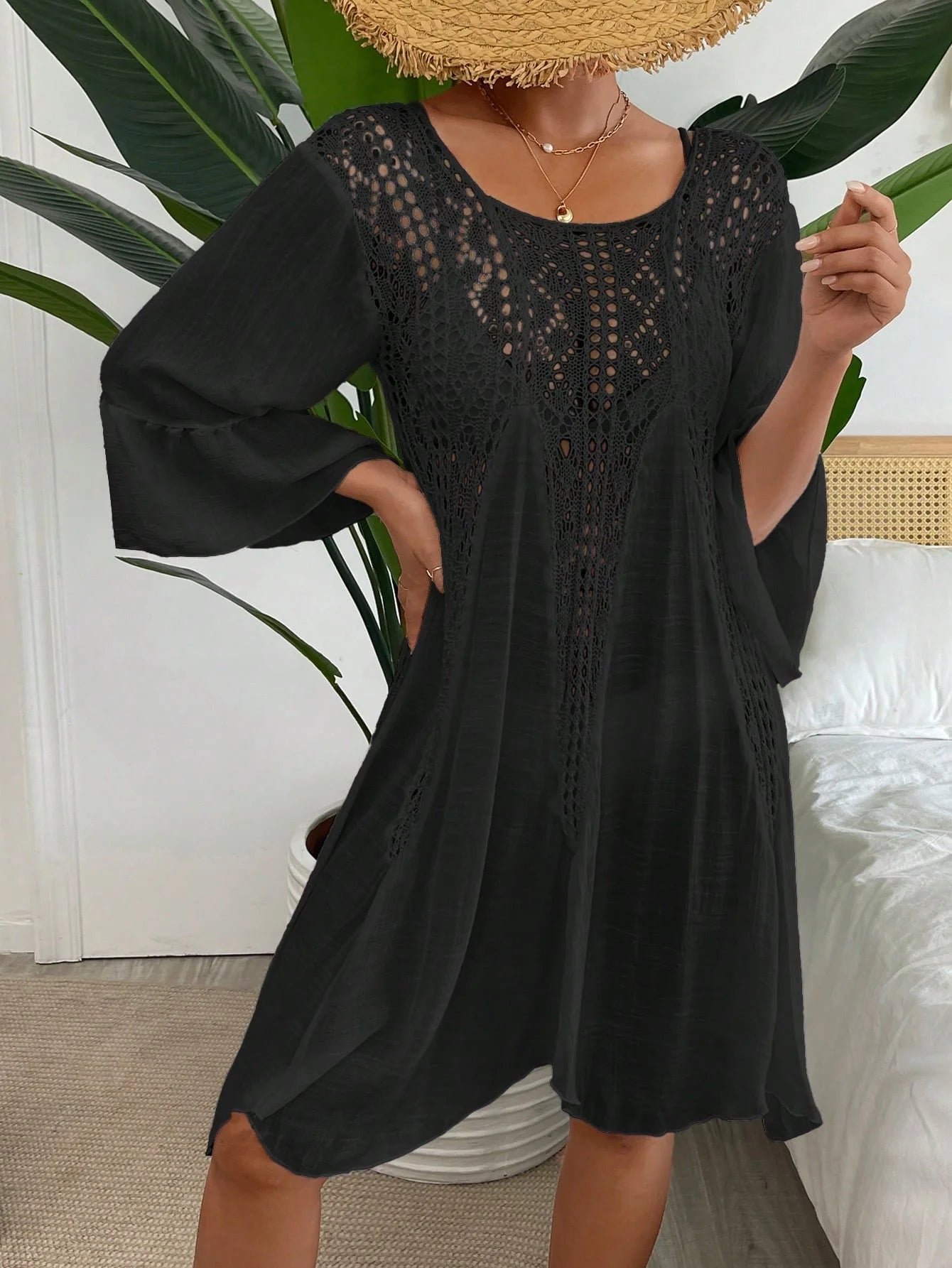 Swim Vcay Crochê Contraste Manga De Encampanada Vestido De Cobertura