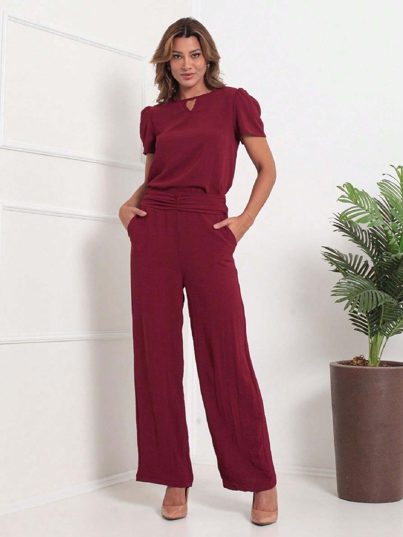 Conjunto Blusa Manga Bishop Com Gola Redonda E Calça Larga Pregas Brenda Vinho / P