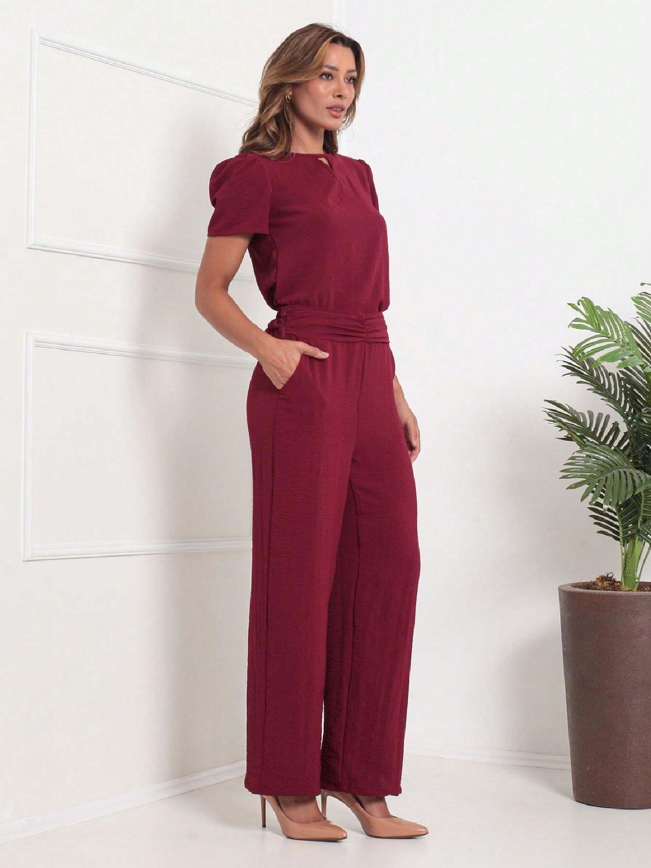 Conjunto Blusa Manga Bishop Com Gola Redonda E Calça Larga Pregas Brenda