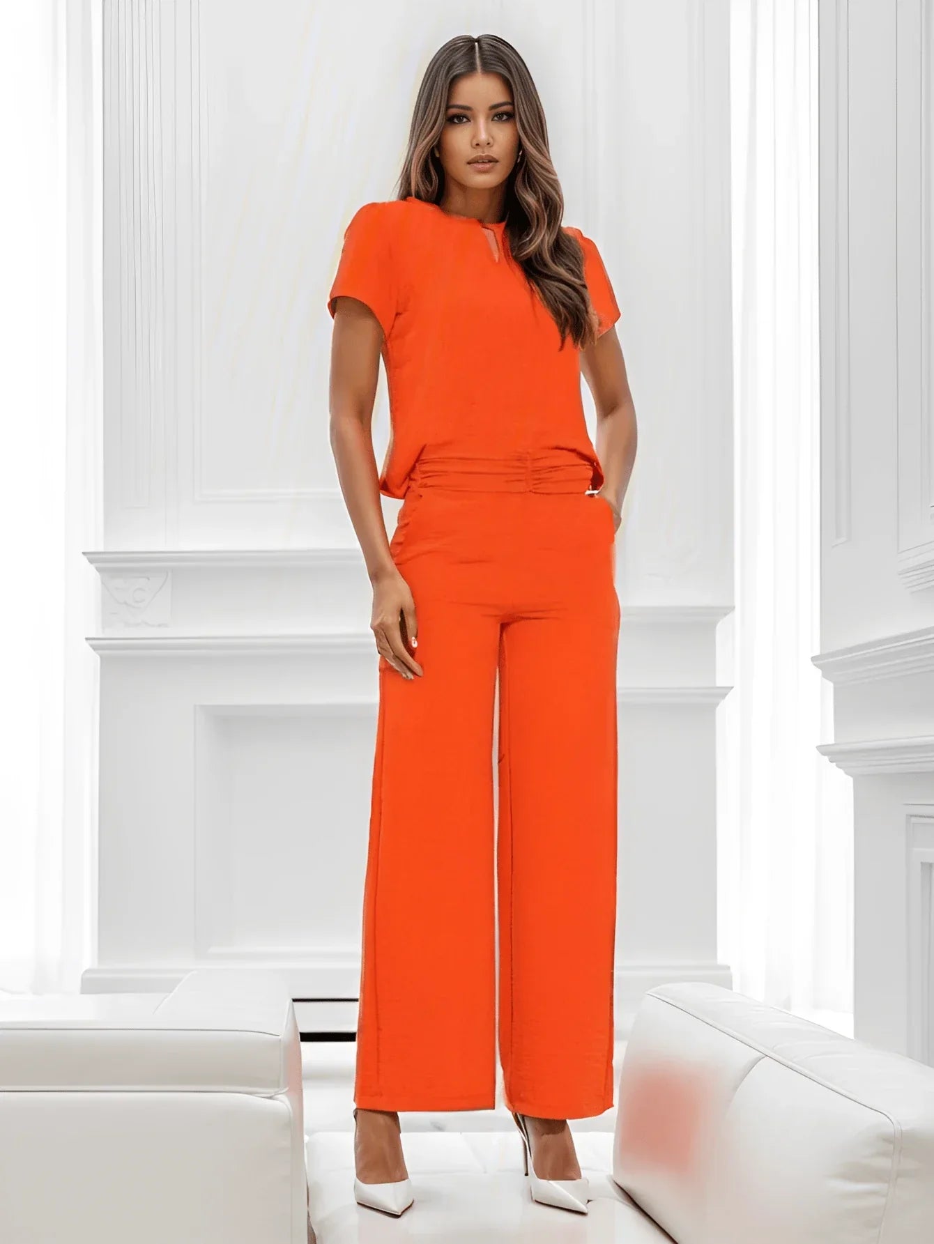 Conjunto Blusa Manga Bishop Com Gola Redonda E Calça Larga Pregas Brenda