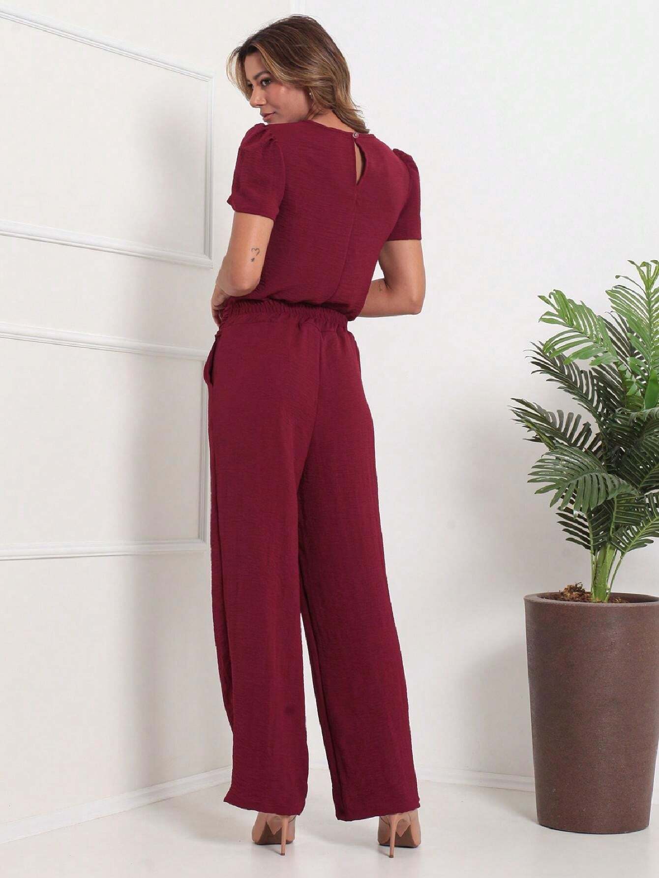 Conjunto Blusa Manga Bishop Com Gola Redonda E Calça Larga Pregas Brenda