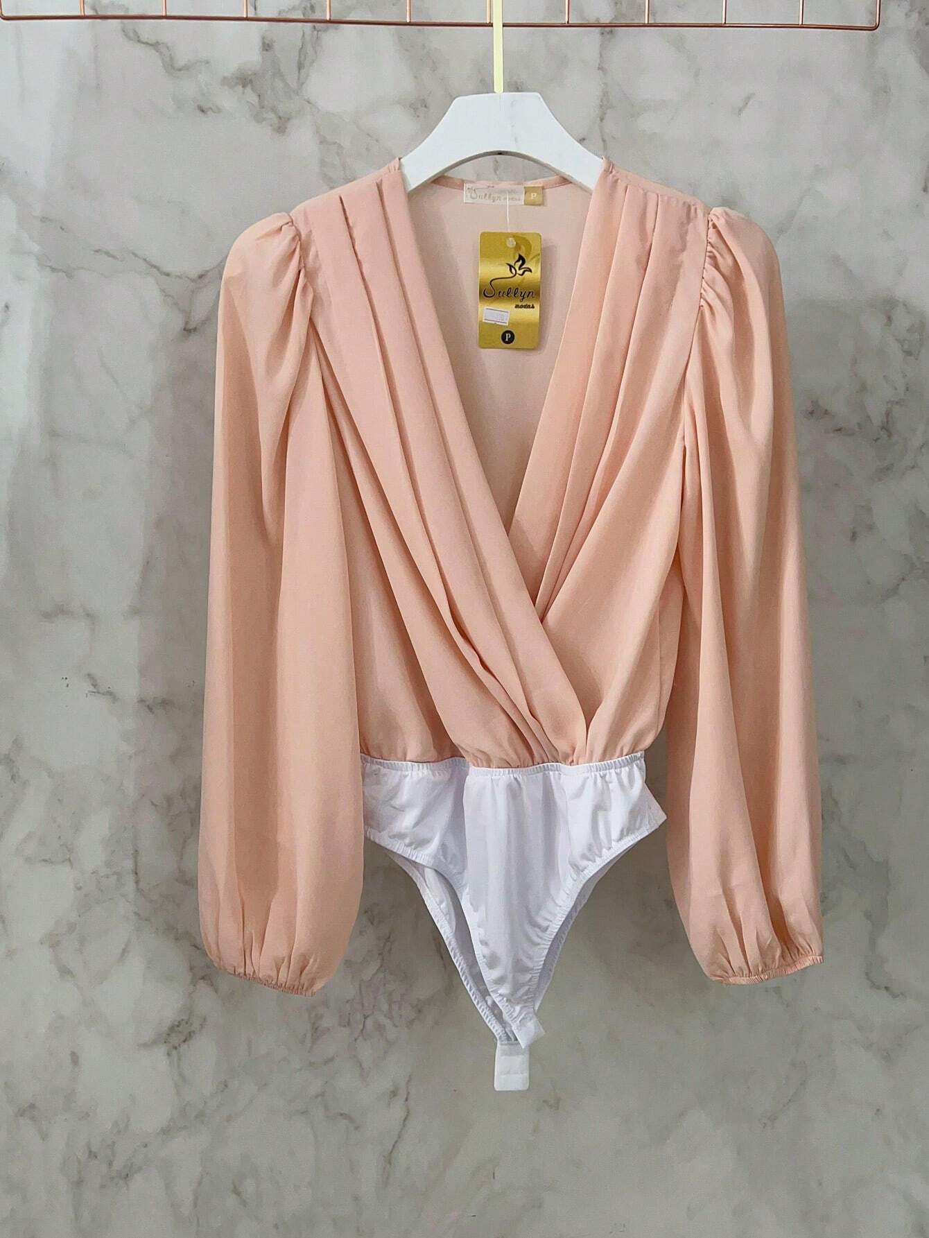 Body Decote V Profundo Com Manga Longa Bufante Talita Rosa Bebê / P