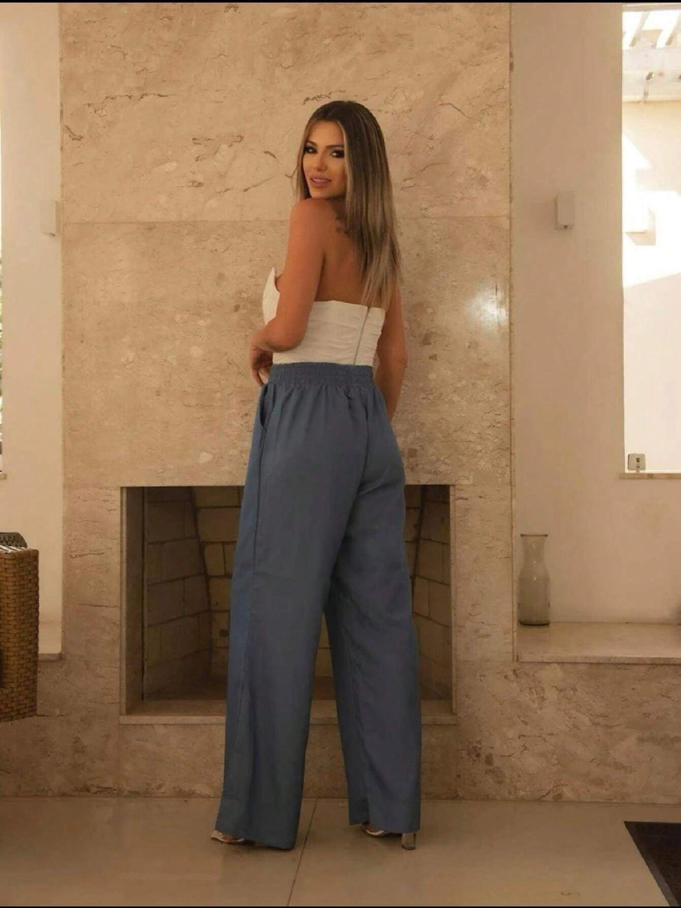 Calça Perna Larga Cintura Alta Com Elástico Bruna