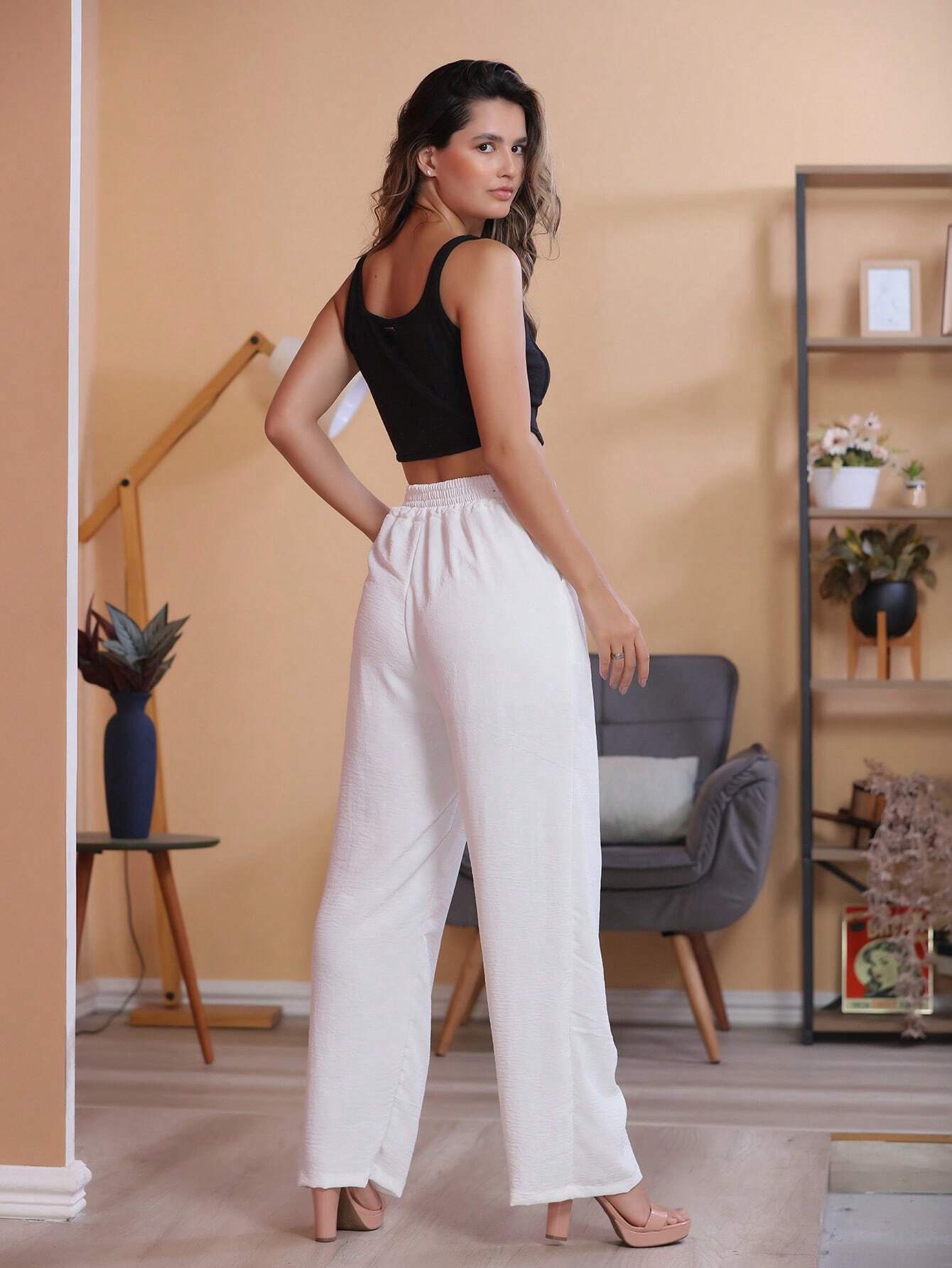 Calça Perna Larga Cintura Alta Com Elástico Bruna