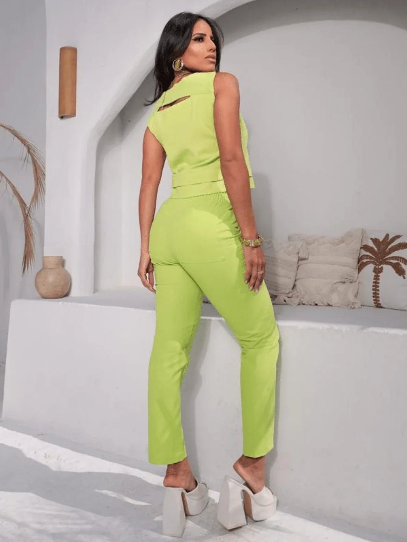 Conjunto Calça Cós Franzido E Cropped Sem Manga Aline