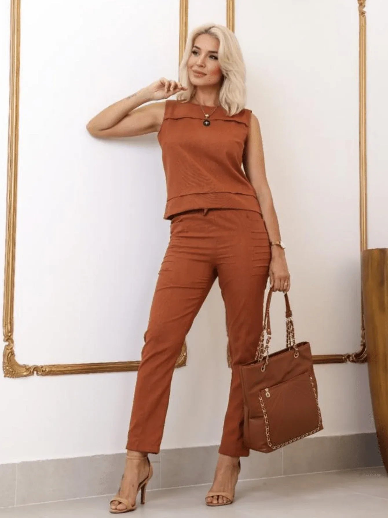 Conjunto Calça Cós Franzido E Cropped Sem Manga Aline