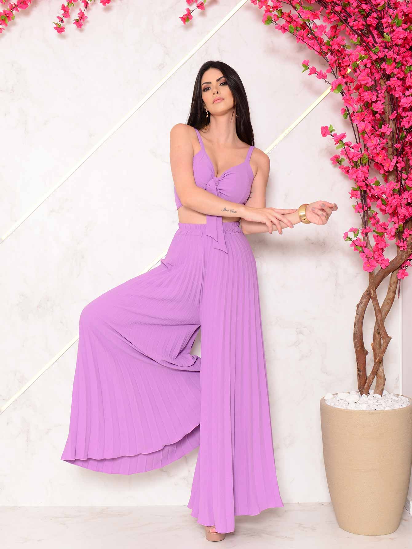 Conjunto Calça Pantalona Plissada E Cropped Top Maitê Conjuntos Femininos