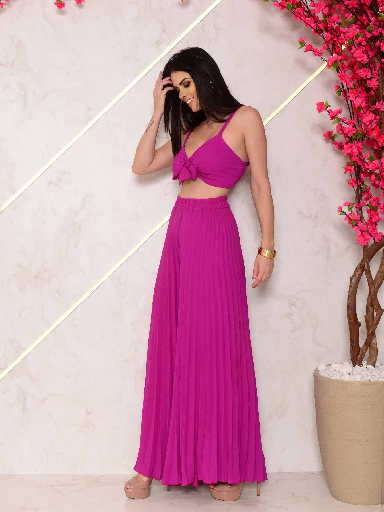 Conjunto Calça Pantalona Plissada E Cropped Top Maitê Conjuntos Femininos