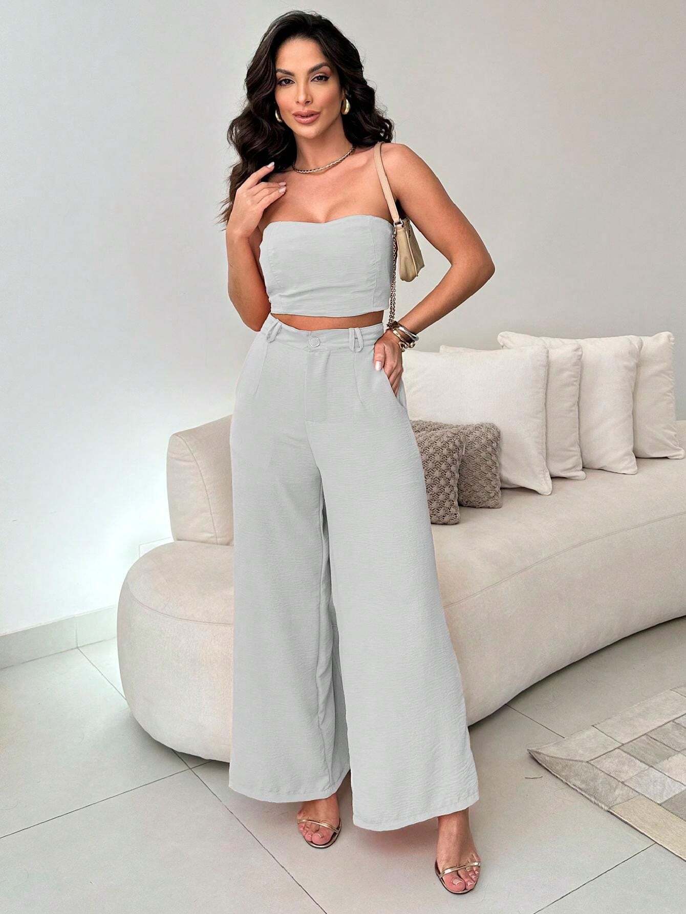 Conjunto Calça Pantalona E Cropped Tomara Que Caia Miriam Cinza Claro / P