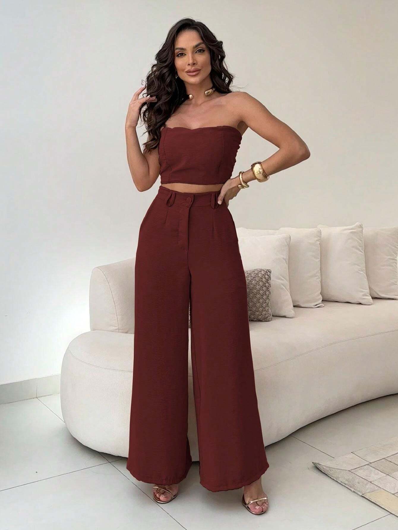 Conjunto Calça Pantalona E Cropped Tomara Que Caia Miriam