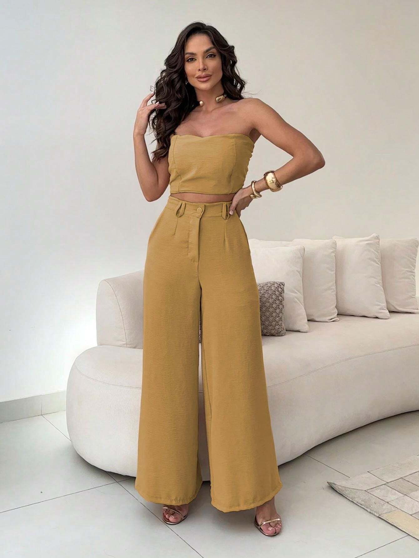 Conjunto Calça Pantalona E Cropped Tomara Que Caia Miriam Ocre / P