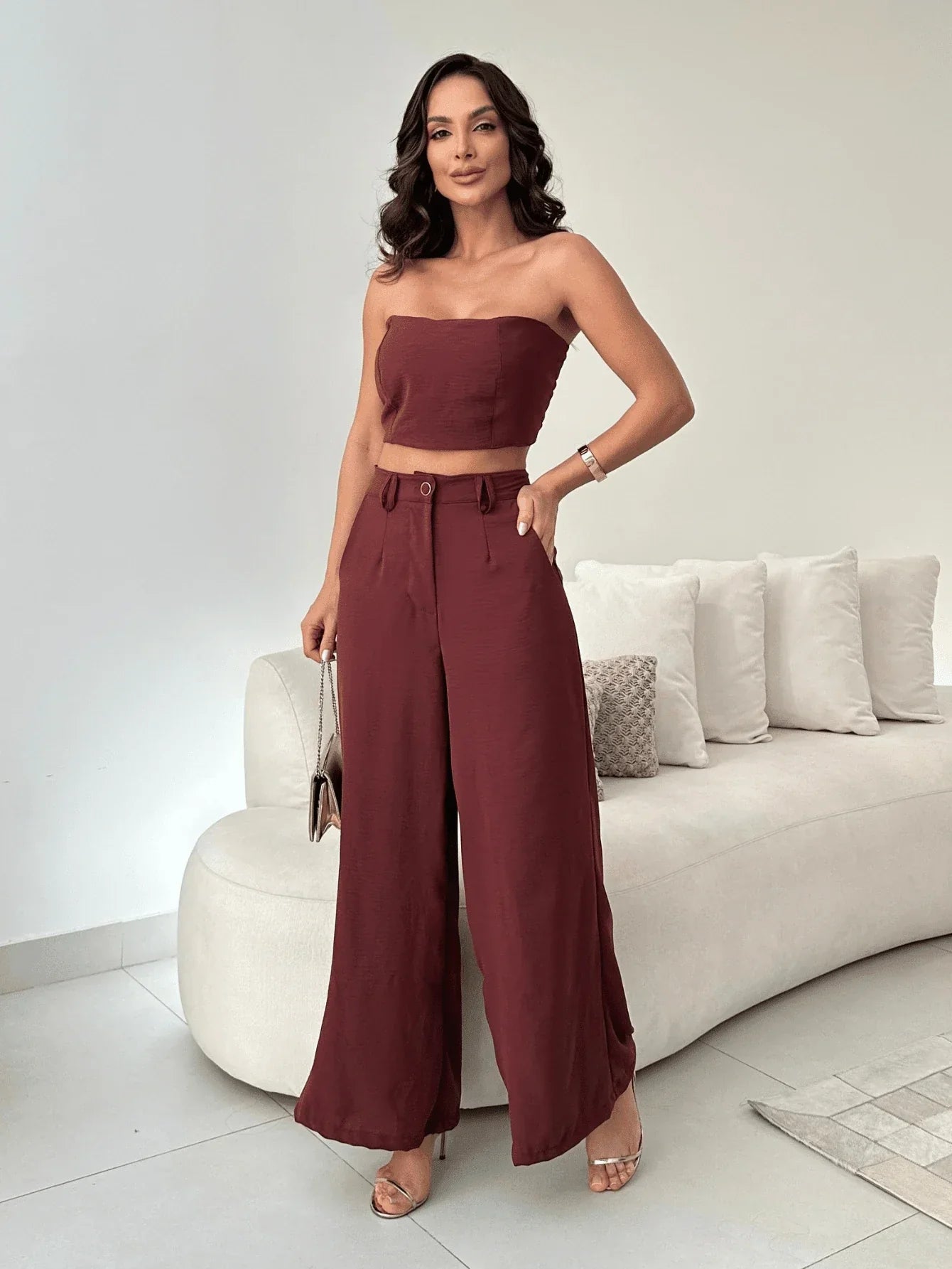 Conjunto Calça Pantalona E Cropped Tomara Que Caia Miriam
