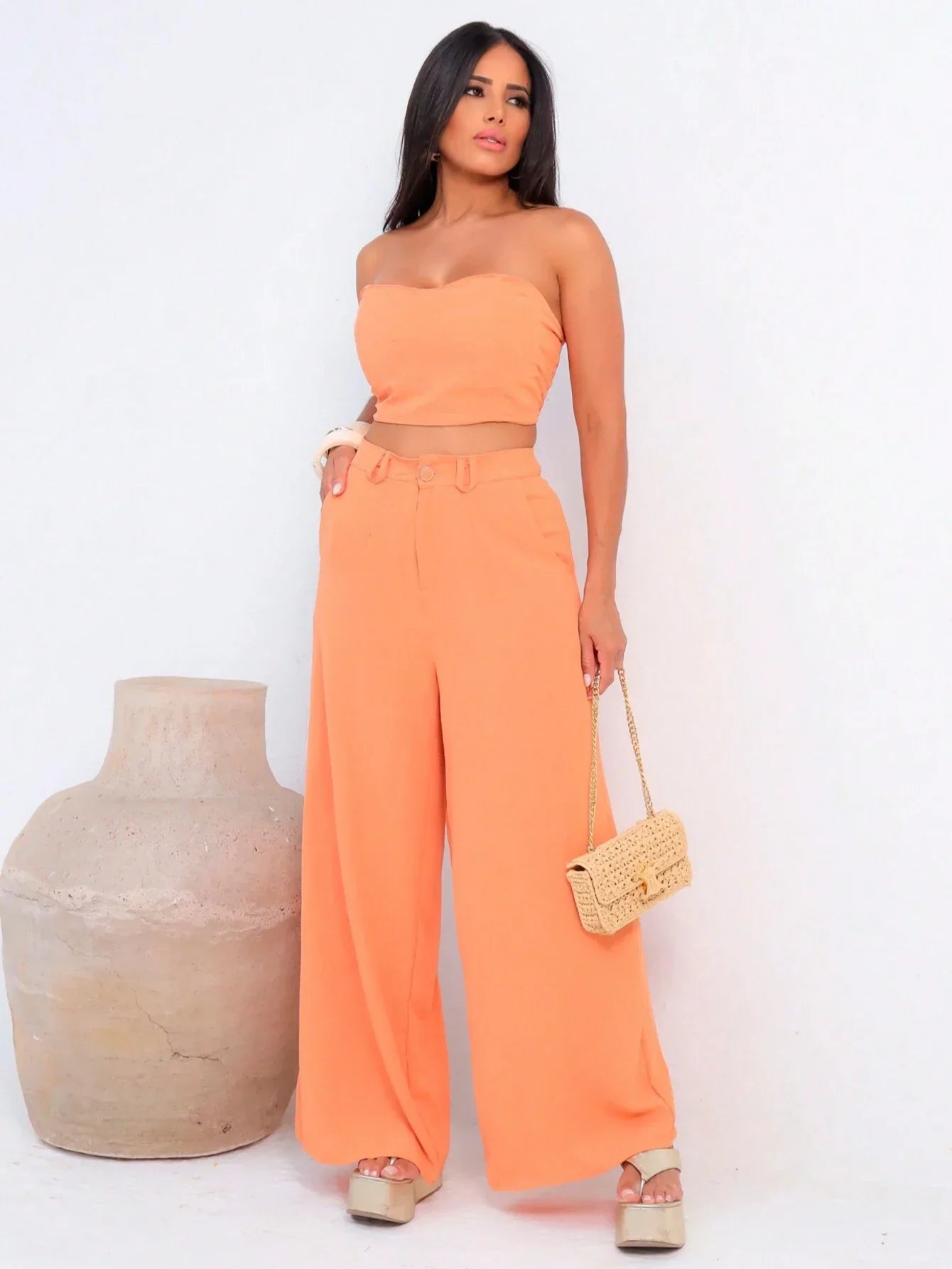 Conjunto Calça Pantalona E Cropped Tomara Que Caia Miriam Pêssego / P
