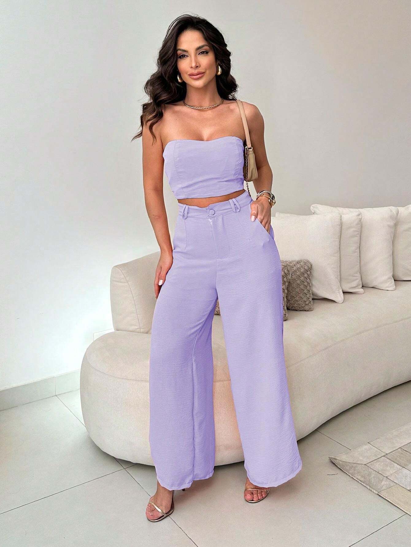 Conjunto Calça Pantalona E Cropped Tomara Que Caia Miriam Lavanda / P