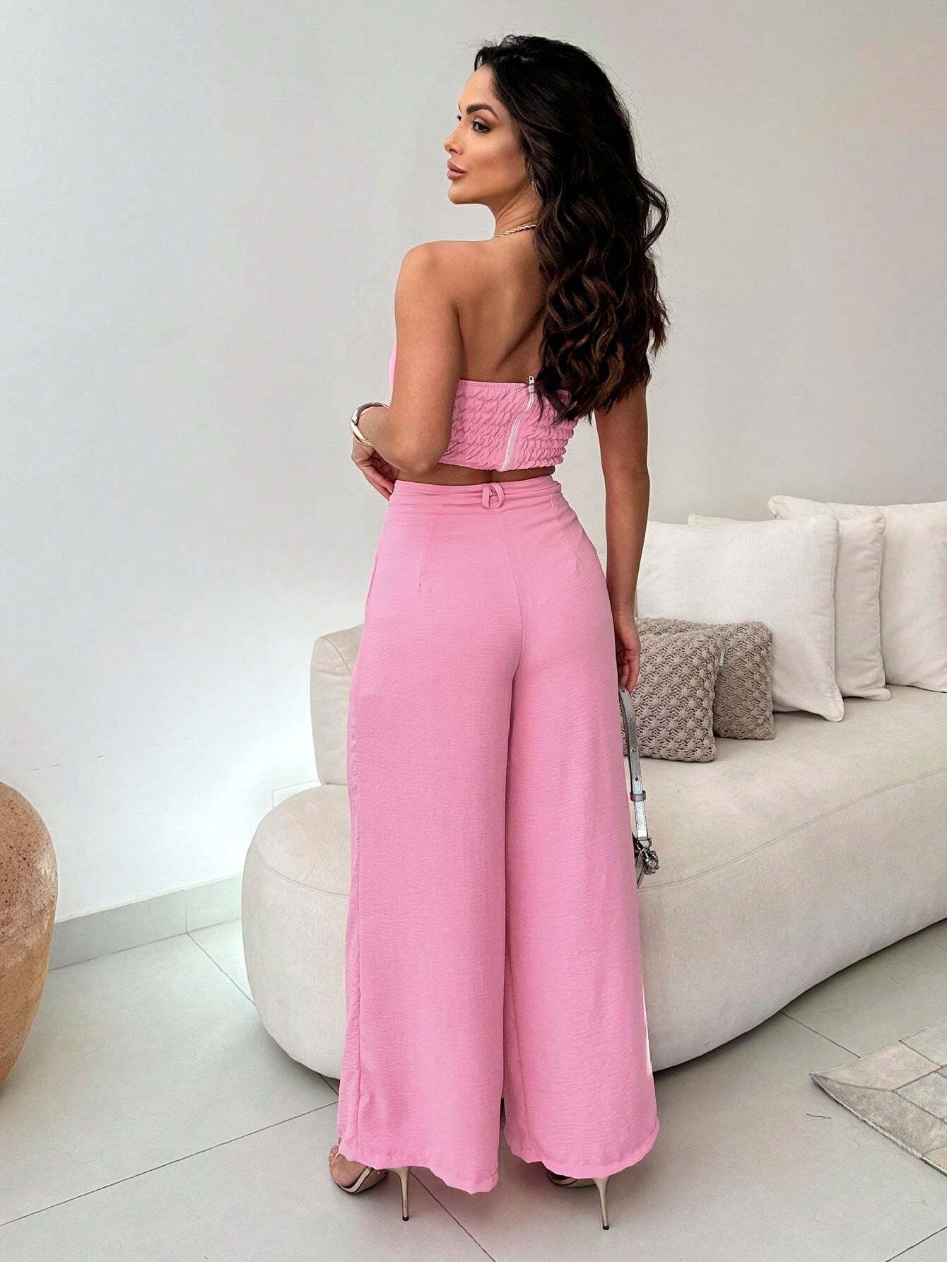 Conjunto Calça Pantalona E Cropped Tomara Que Caia Miriam
