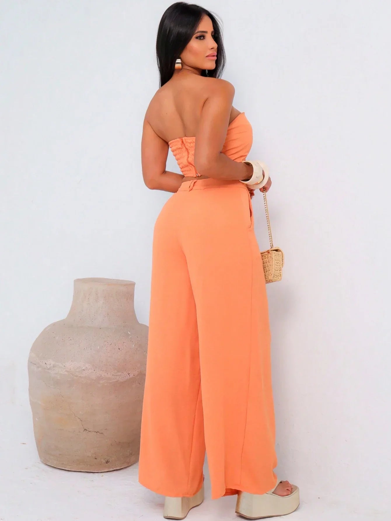 Conjunto Calça Pantalona E Cropped Tomara Que Caia Miriam