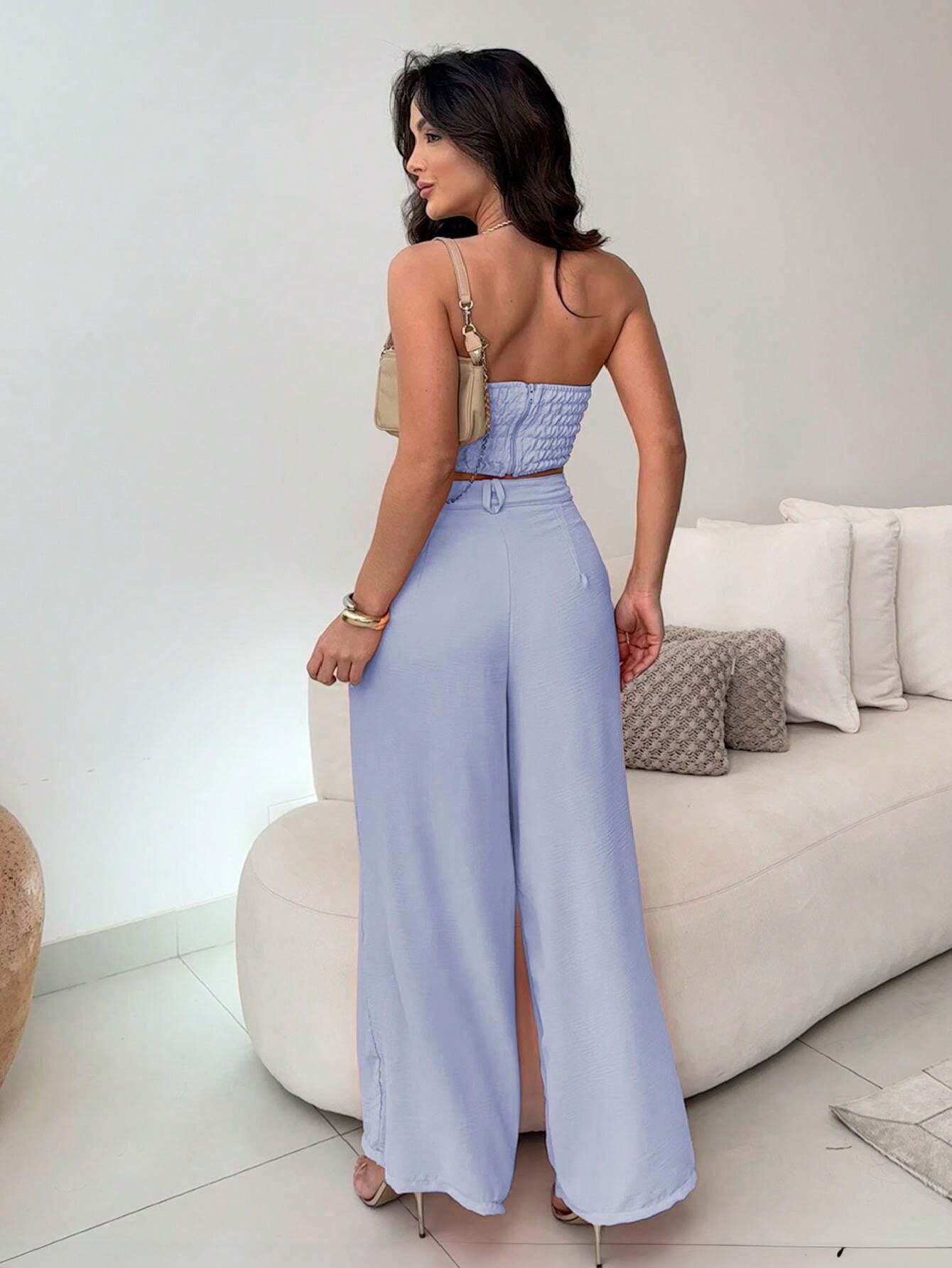 Conjunto Calça Pantalona E Cropped Tomara Que Caia Miriam
