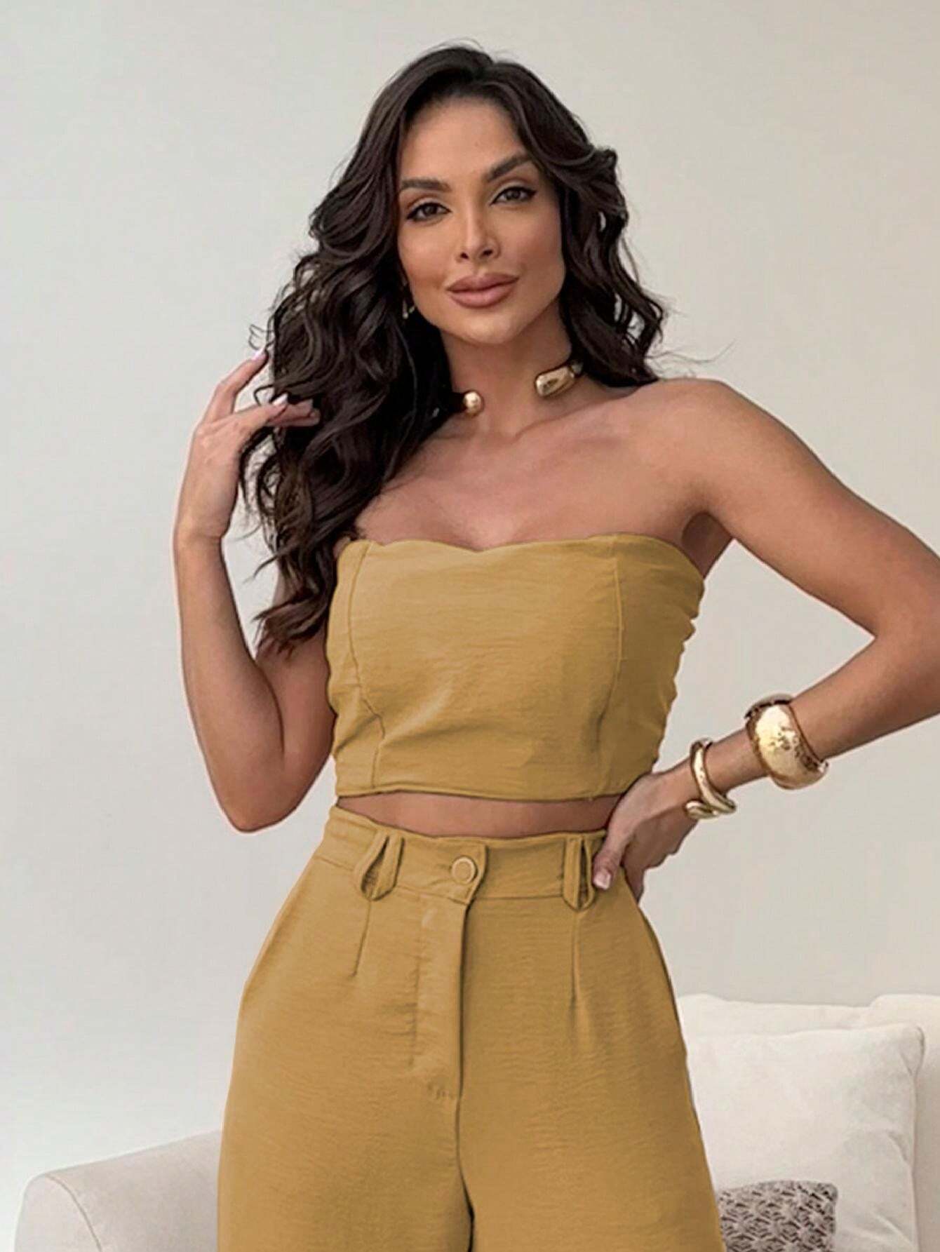 Conjunto Calça Pantalona E Cropped Tomara Que Caia Miriam