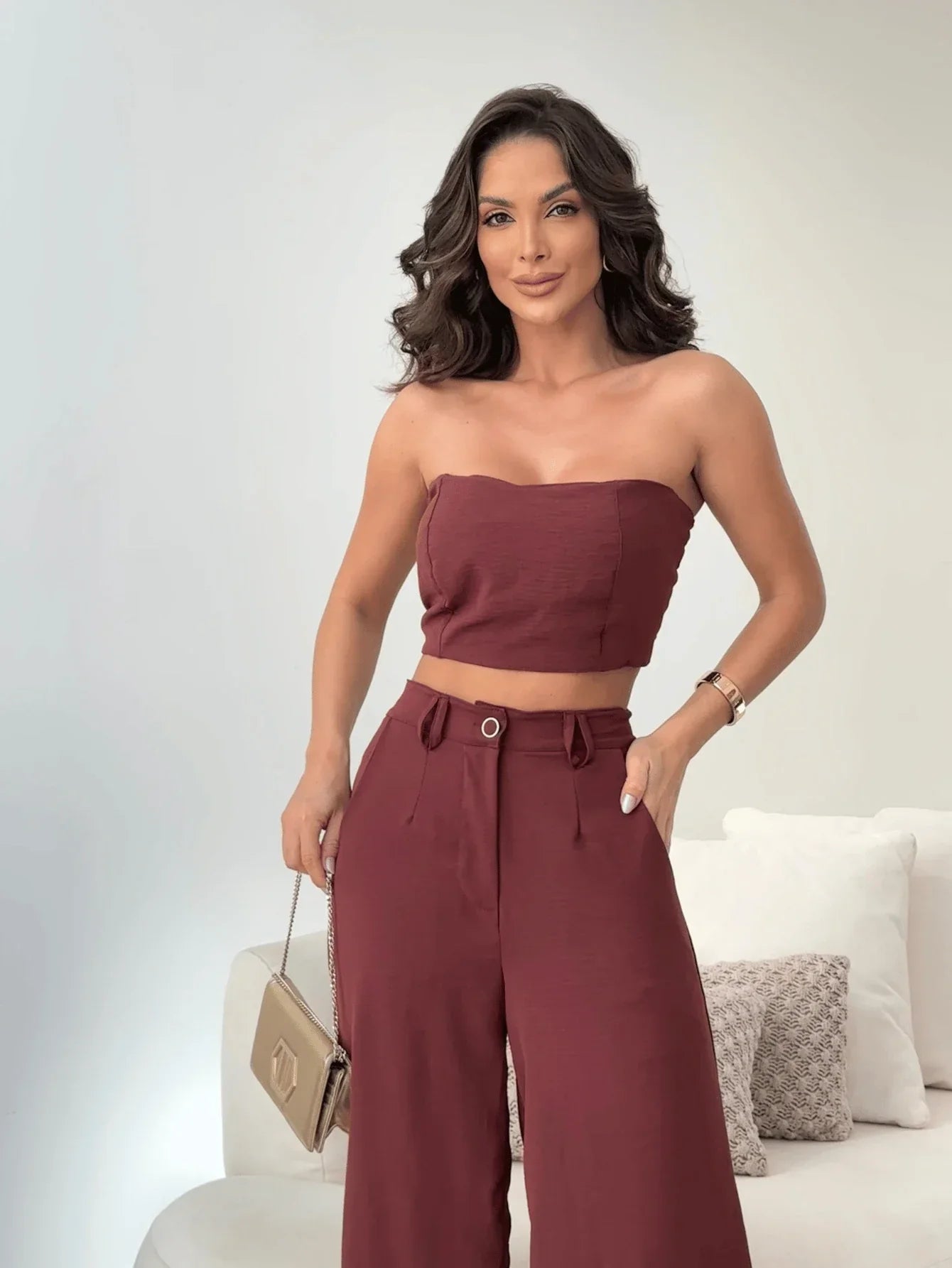 Conjunto Calça Pantalona E Cropped Tomara Que Caia Miriam