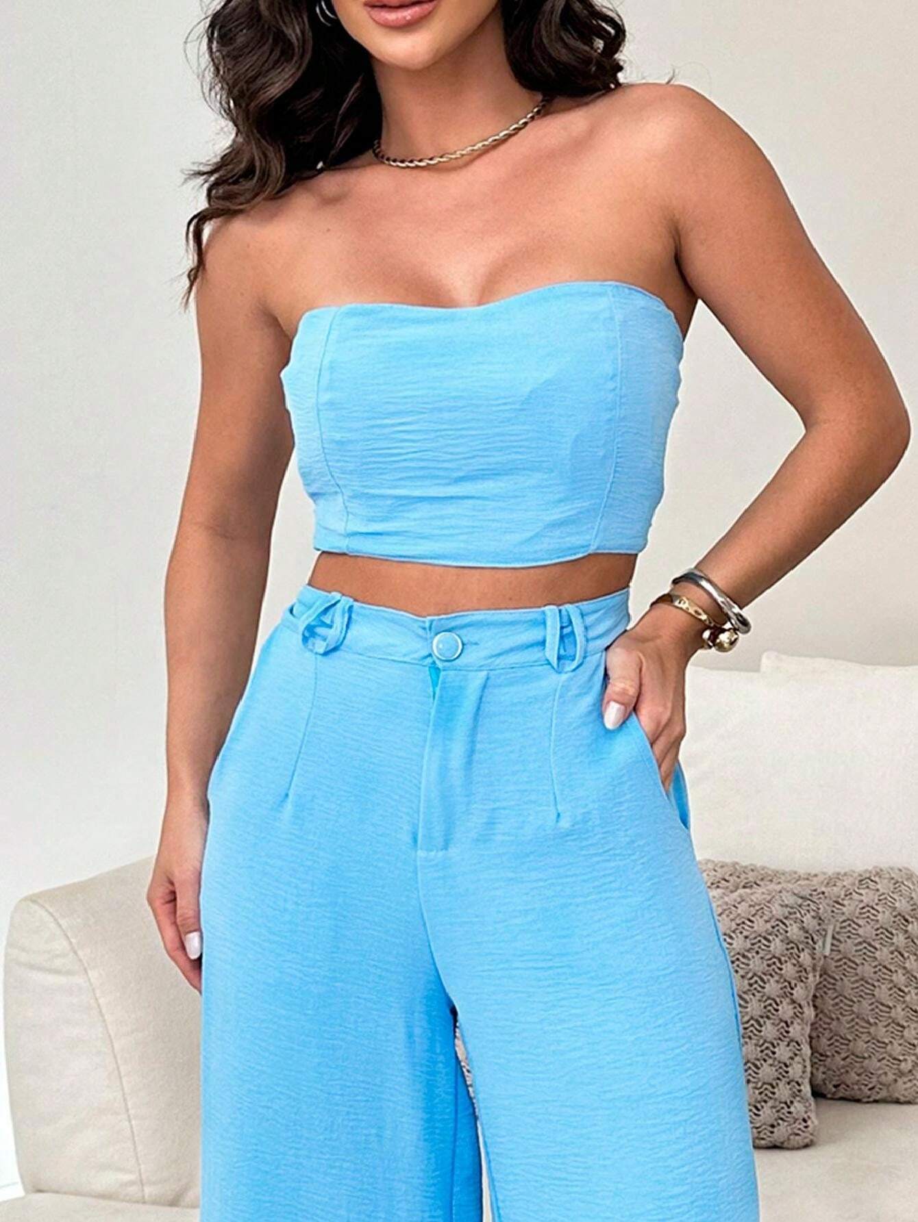 Conjunto Calça Pantalona E Cropped Tomara Que Caia Miriam