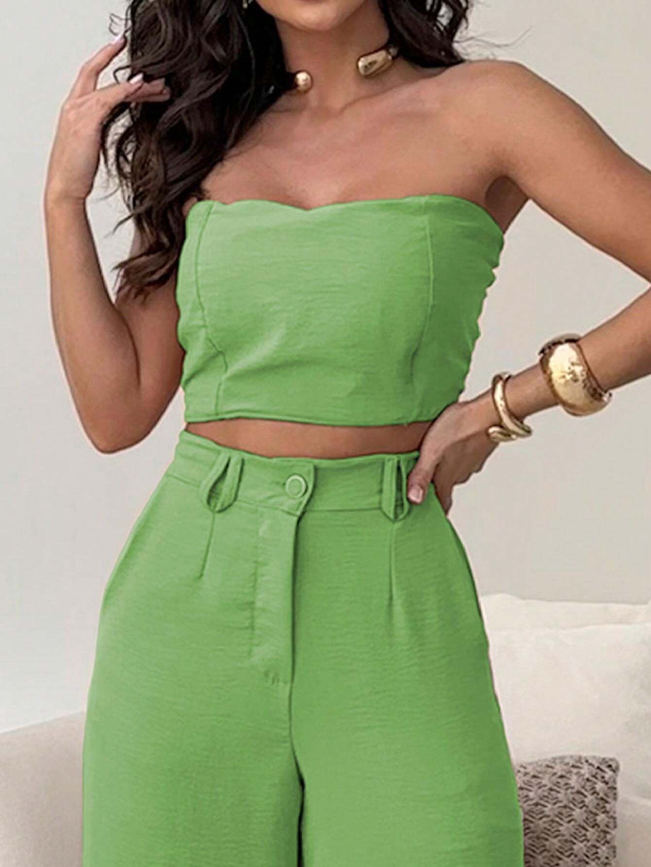 Conjunto Calça Pantalona E Cropped Tomara Que Caia Miriam