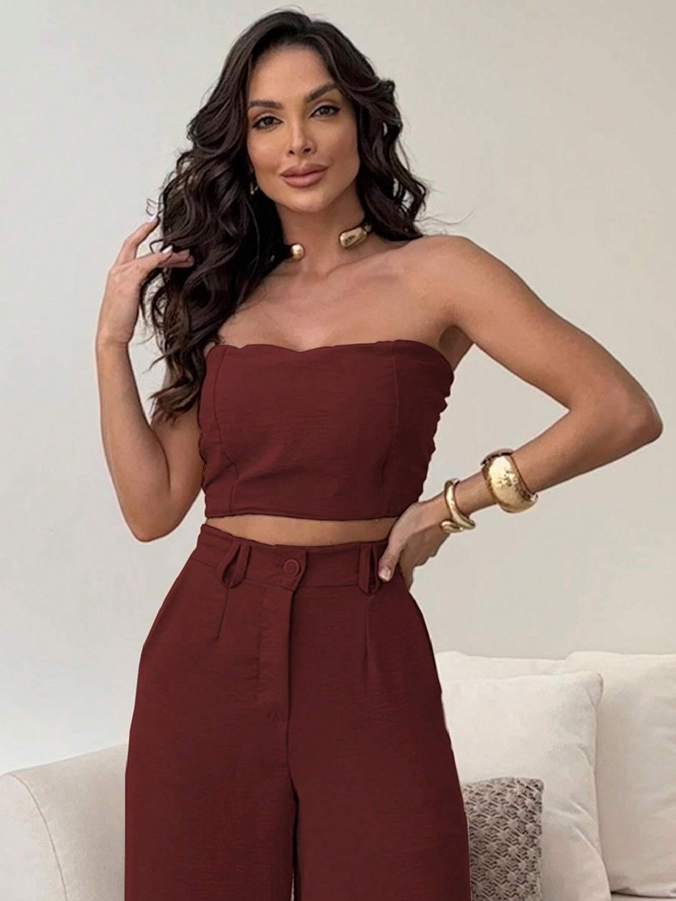 Conjunto Calça Pantalona E Cropped Tomara Que Caia Miriam