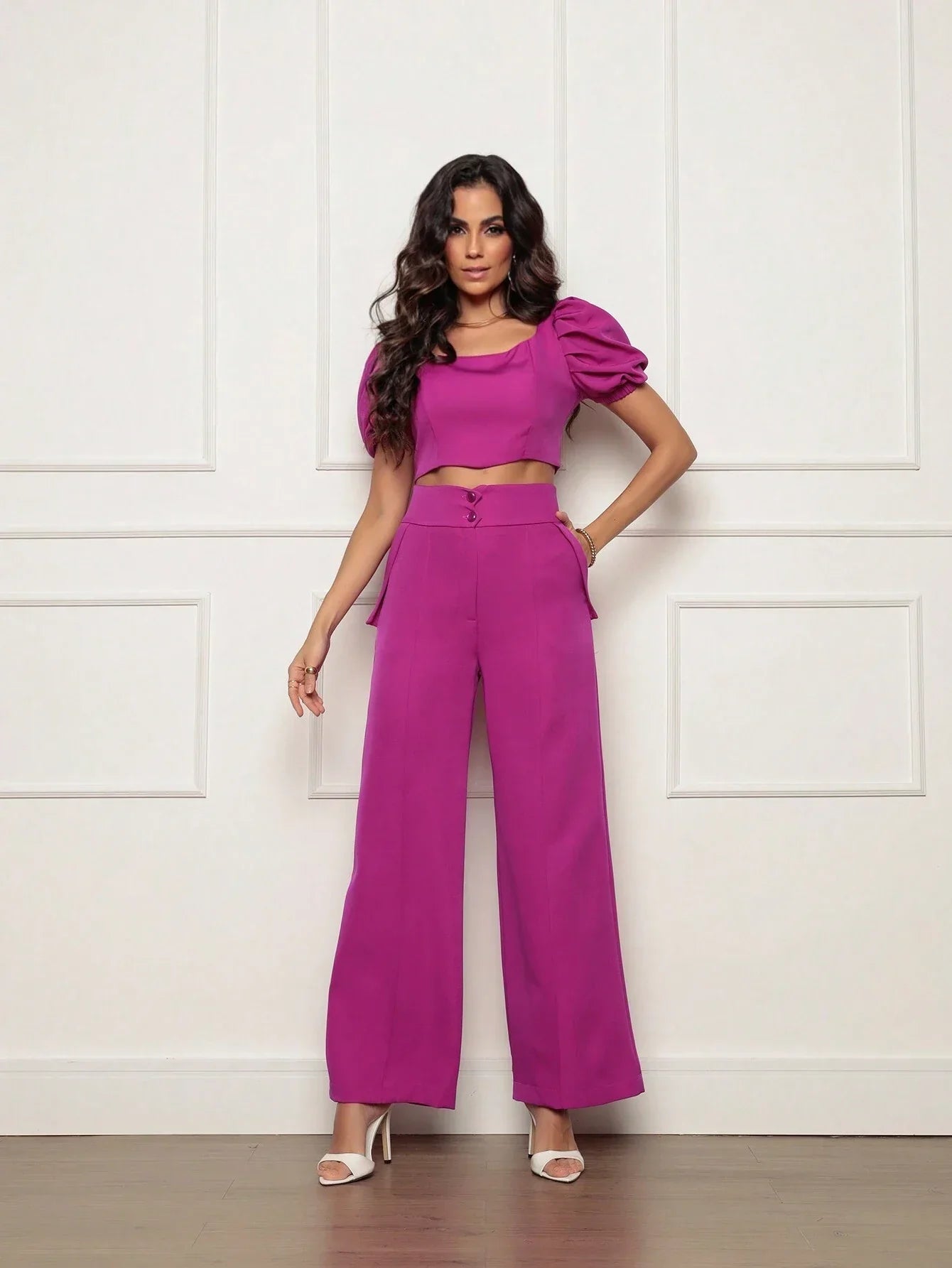 Conjunto Calça Perna Larga E Cropped Gola U Com Manga Bufante Fernanda