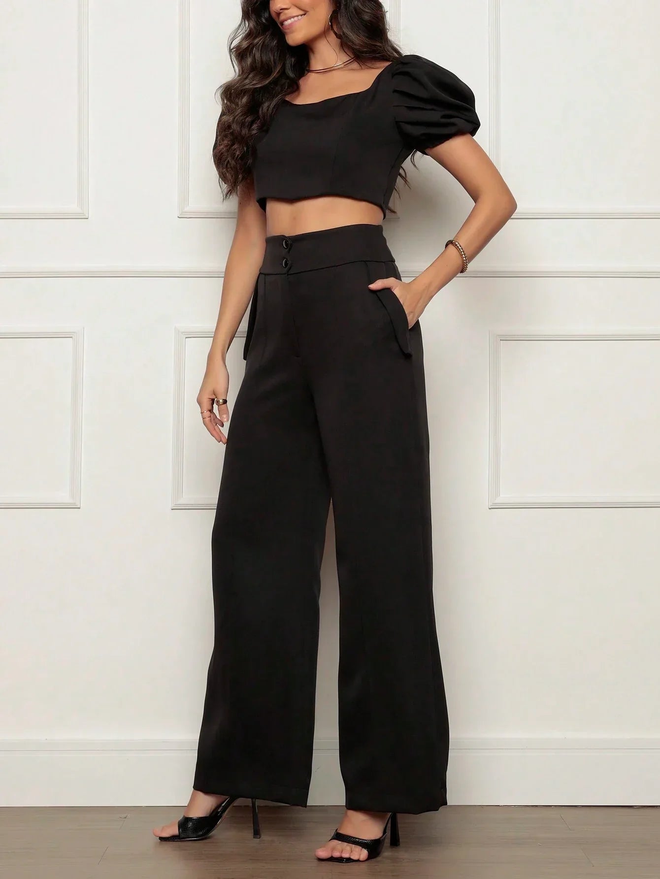 Conjunto Calça Perna Larga E Cropped Gola U Com Manga Bufante Fernanda