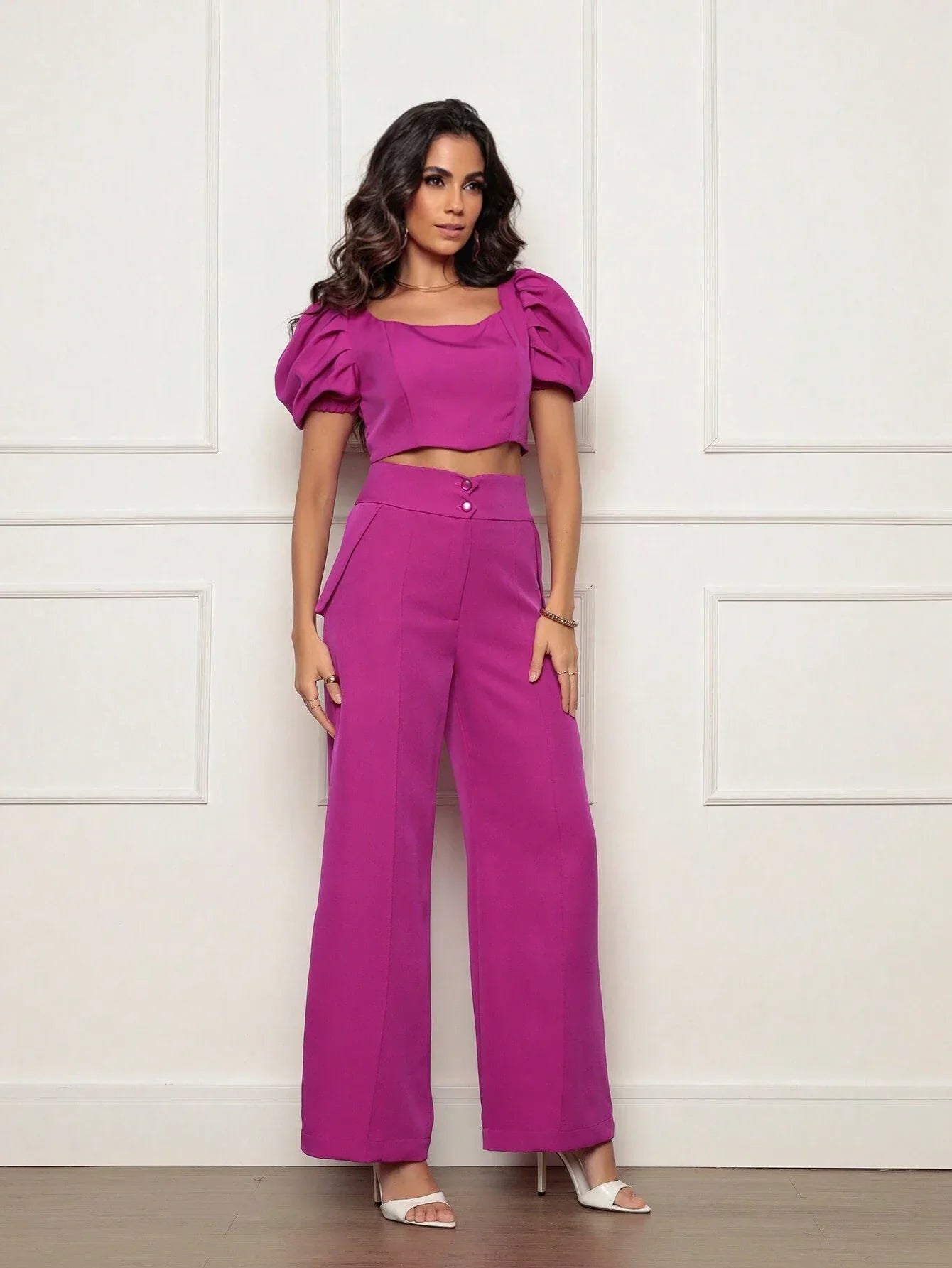 Conjunto Calça Perna Larga E Cropped Gola U Com Manga Bufante Fernanda Fúcsia / P