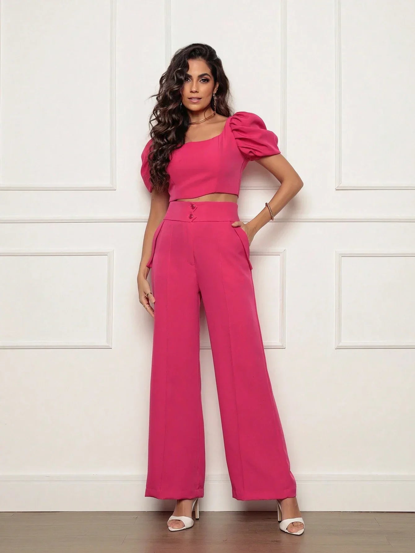 Conjunto Calça Perna Larga E Cropped Gola U Com Manga Bufante Fernanda Pink / P