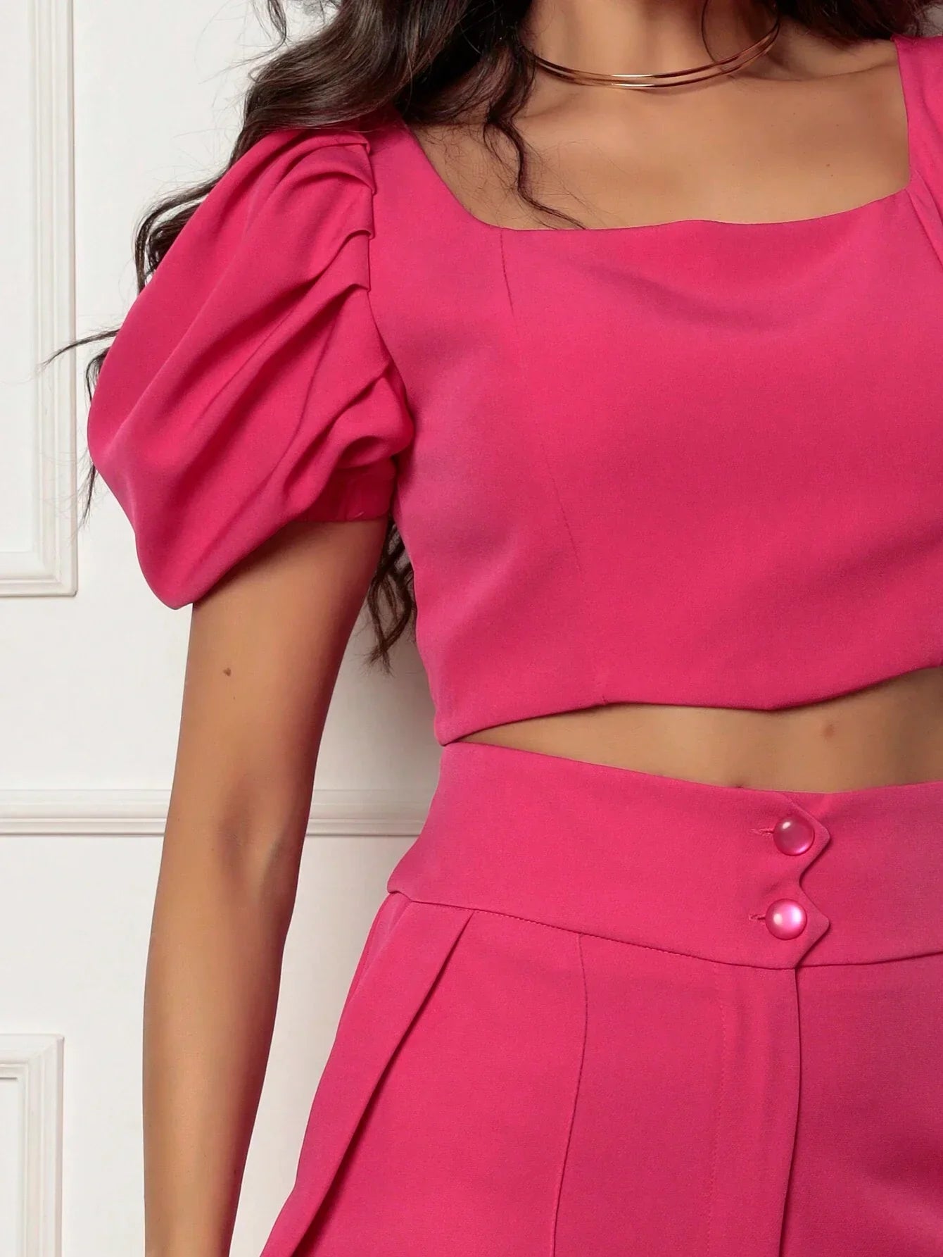 Conjunto Calça Perna Larga E Cropped Gola U Com Manga Bufante Fernanda