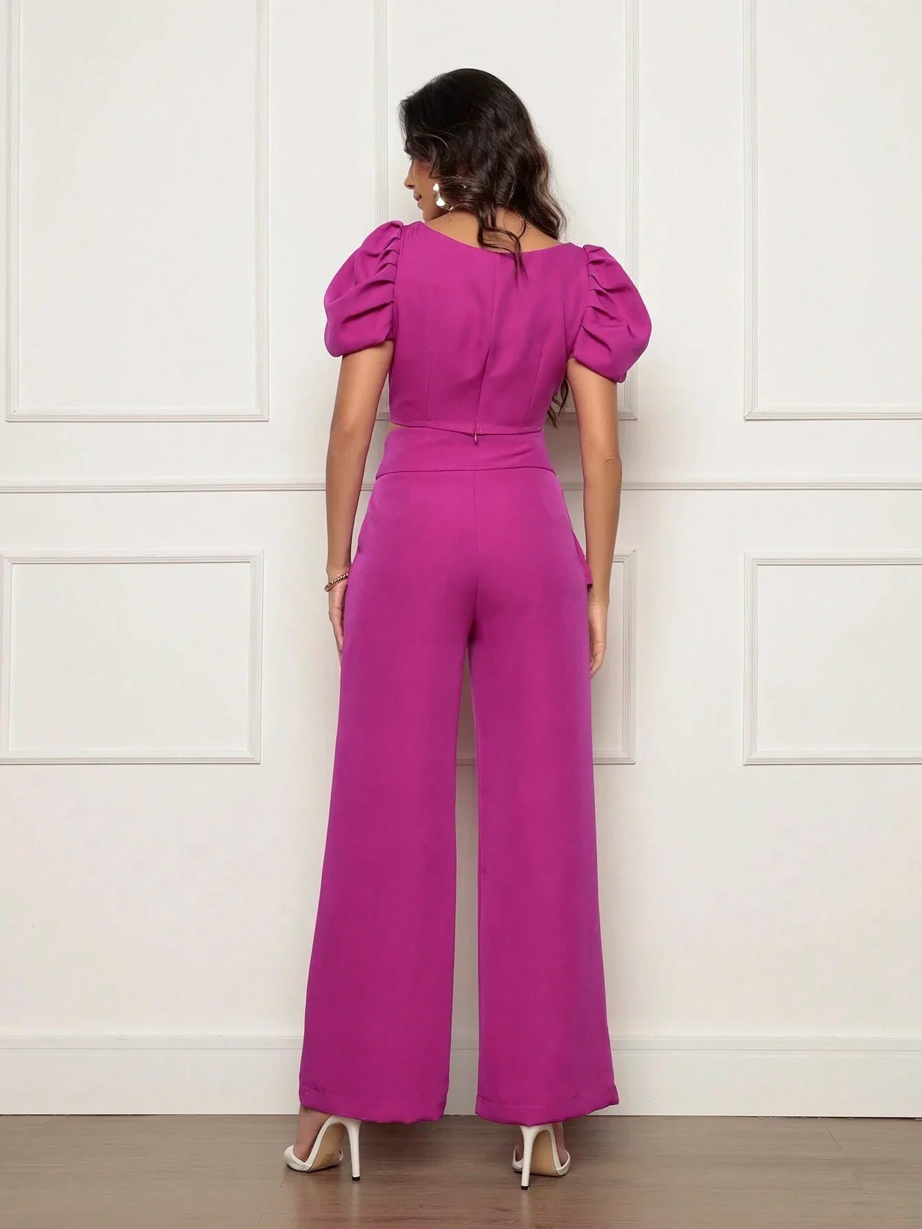 Conjunto Calça Perna Larga E Cropped Gola U Com Manga Bufante Fernanda