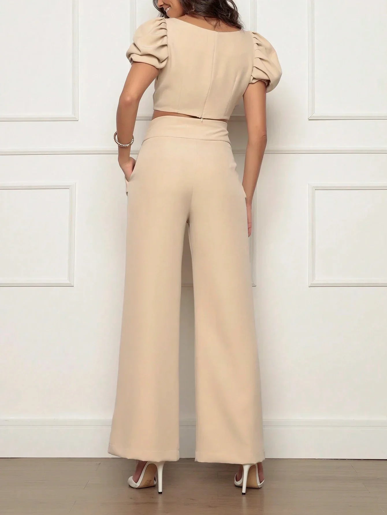 Conjunto Calça Perna Larga E Cropped Gola U Com Manga Bufante Fernanda