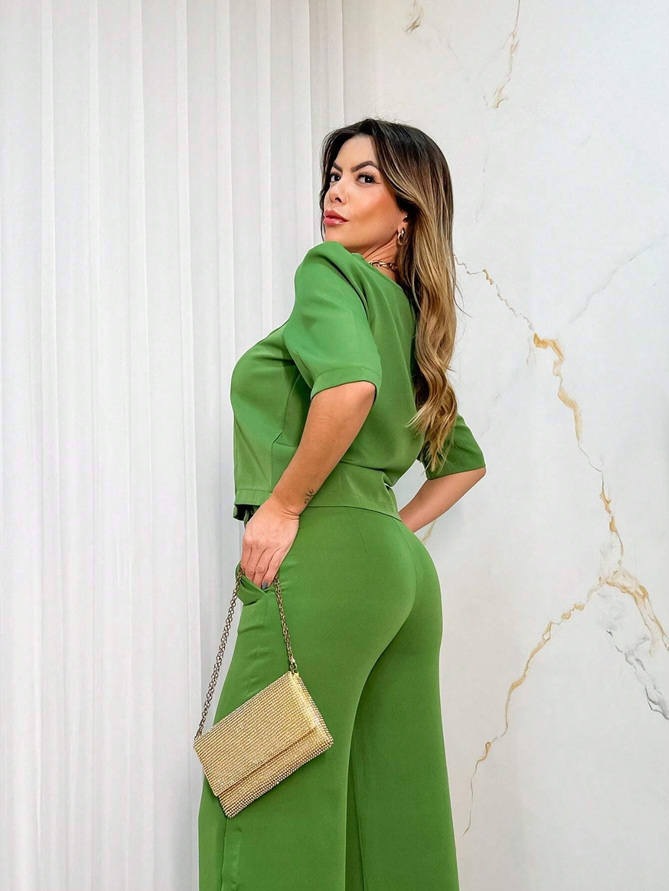 Conjunto Calça Pantalona E Blusa Decote Em V Com Manga 3/4 Dayane