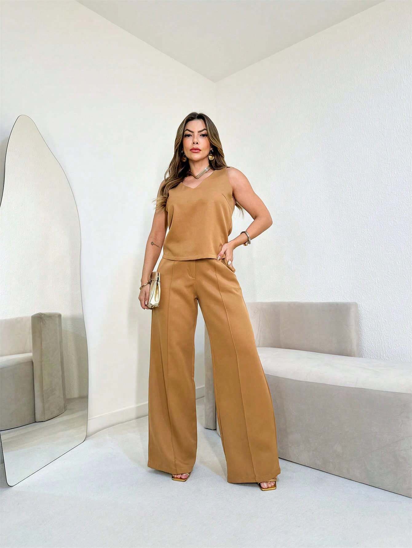 Conjunto Blusa Sem Manga E Calça Perna Larga Paloma