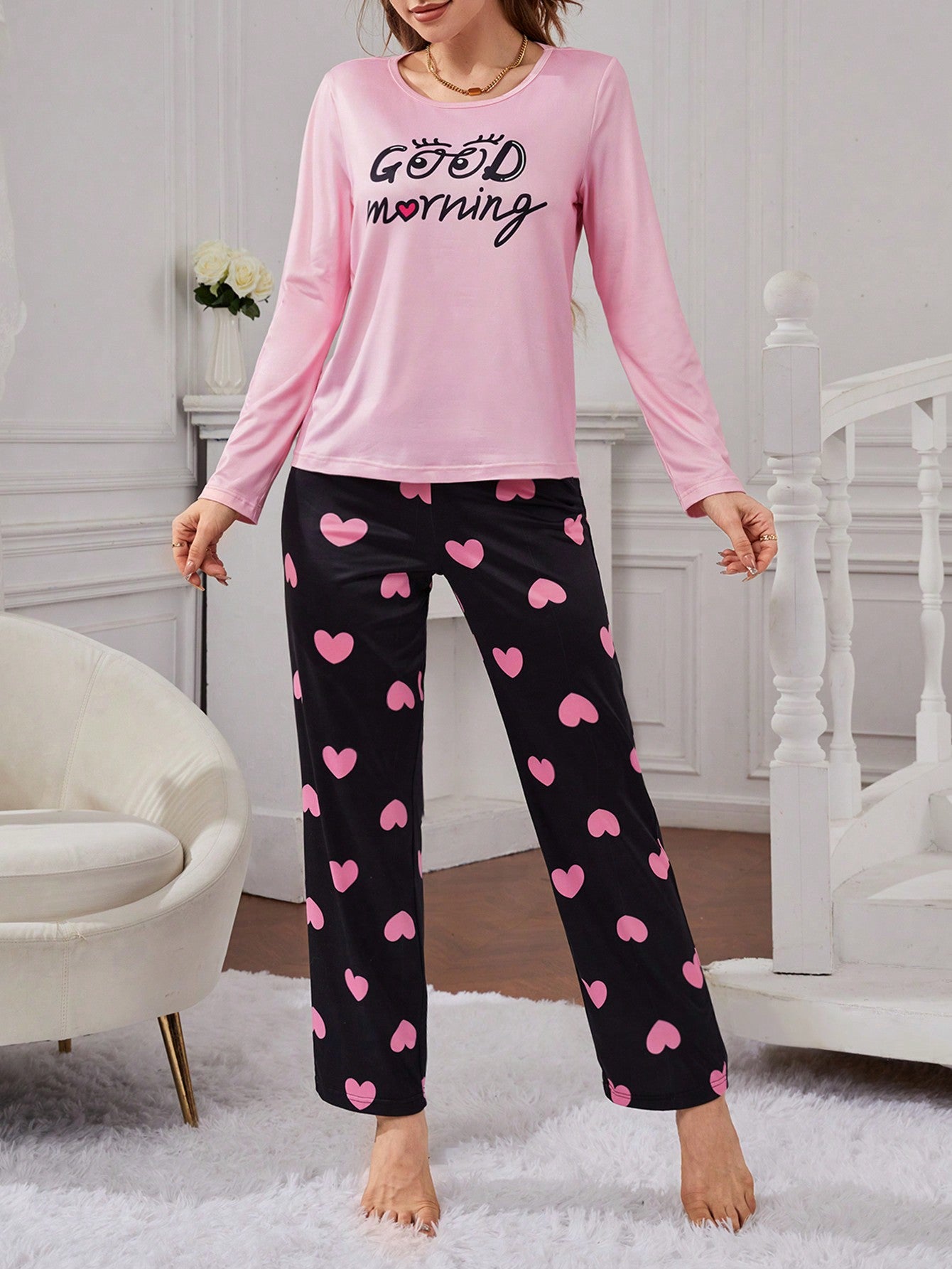 Pijama Longo Rosa Com Preto Larguinho Jéssica